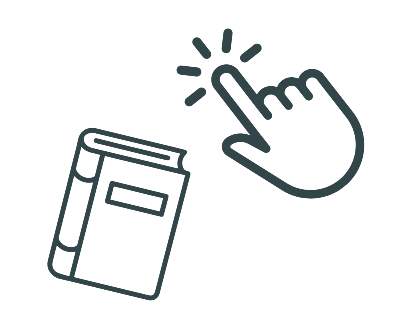 Illustration af en hånd, der trykker på en knap, og en bog.