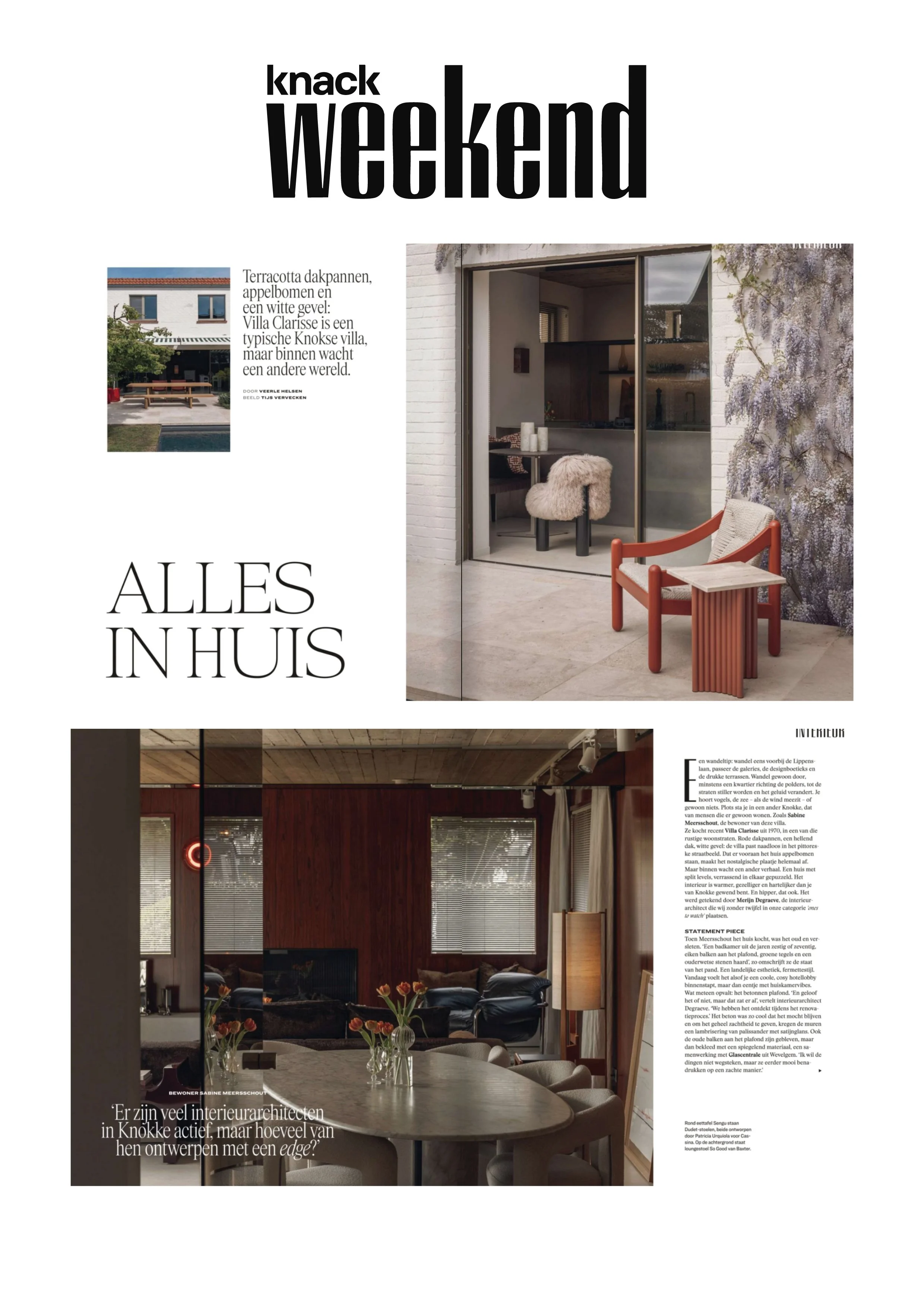 Magazine page featuring interior design and architecture photographs, with Dutch text and headlines about the house and interior landscape of Knokke.