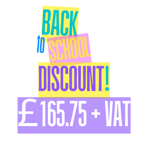 Colorful back to school discount sign showing price of 165.75 pounds plus VAT.