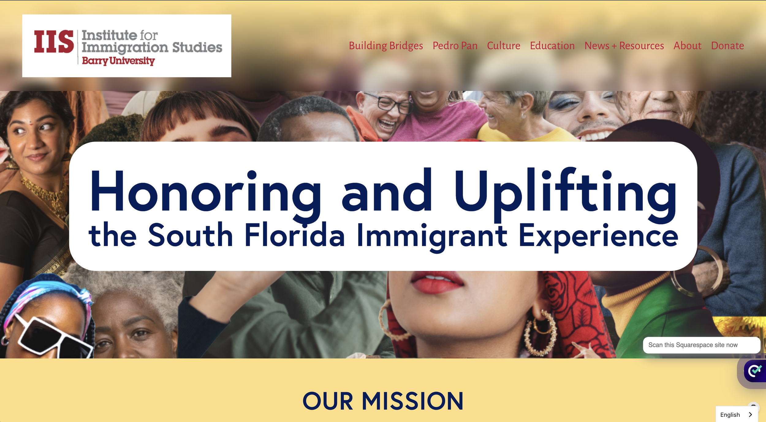 Institute for Immigration Studies at Barry University website banner displaying diverse individuals and text "Honoring and Uplifting the South Florida Immigrant Experience."