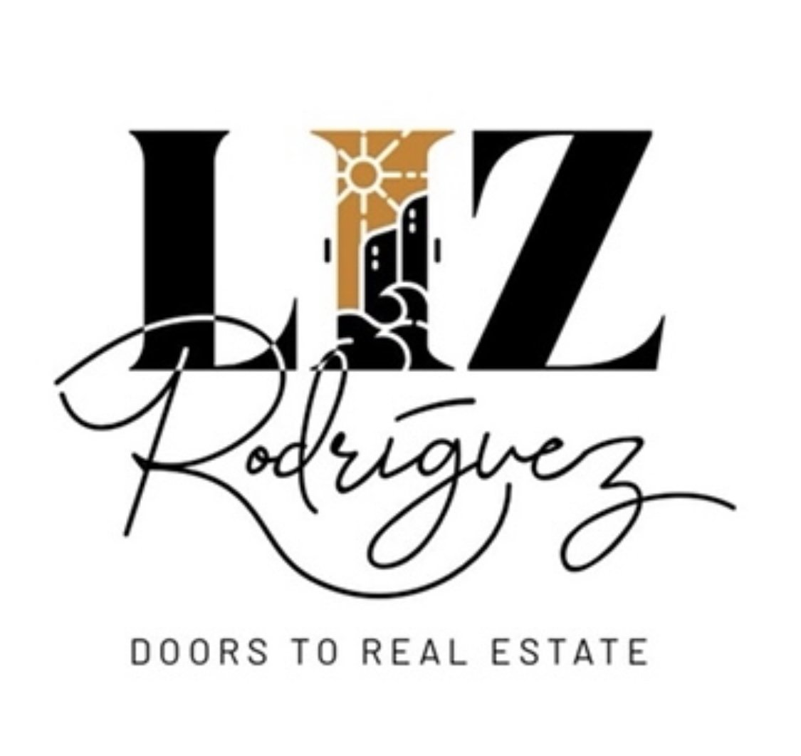 Logo for Liz Rodriguez with a stylized sun and buildings integrated into the letter 'I'. Includes the slogan 'Doors to Real Estate'.