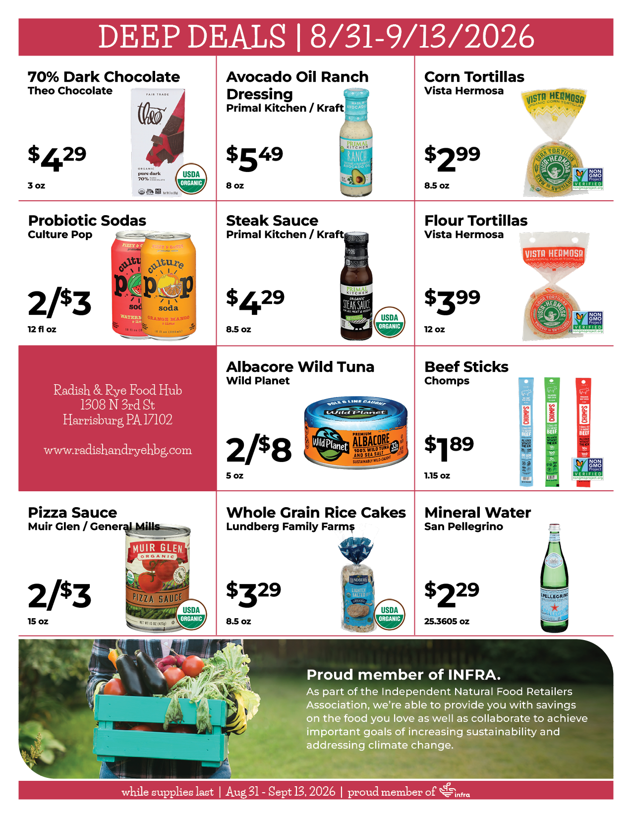 A promotional flyer displaying deep food discounts valid from August 31 to September 13, 2026, including dark chocolate, avocado oil ranch dressing, corn tortillas, probiotic sodas, steak sauce, flour tortillas, wild tuna, beef sticks, pizza sauce, rice cakes, and mineral water with prices and organic labels.