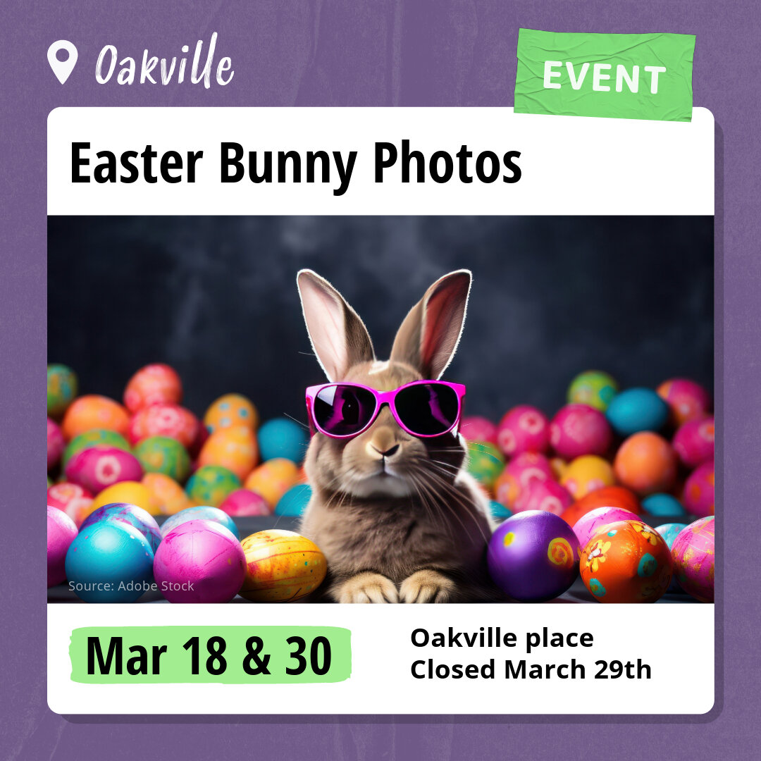 Visit the Easter Bunny and get your spring photos taken! Options for sensory-friendly and pet friendly too!

Monday, March 18 to Saturday, March 30. Closed March 29th.
9 AM - 5:30 PM
$20

Link in bio for details