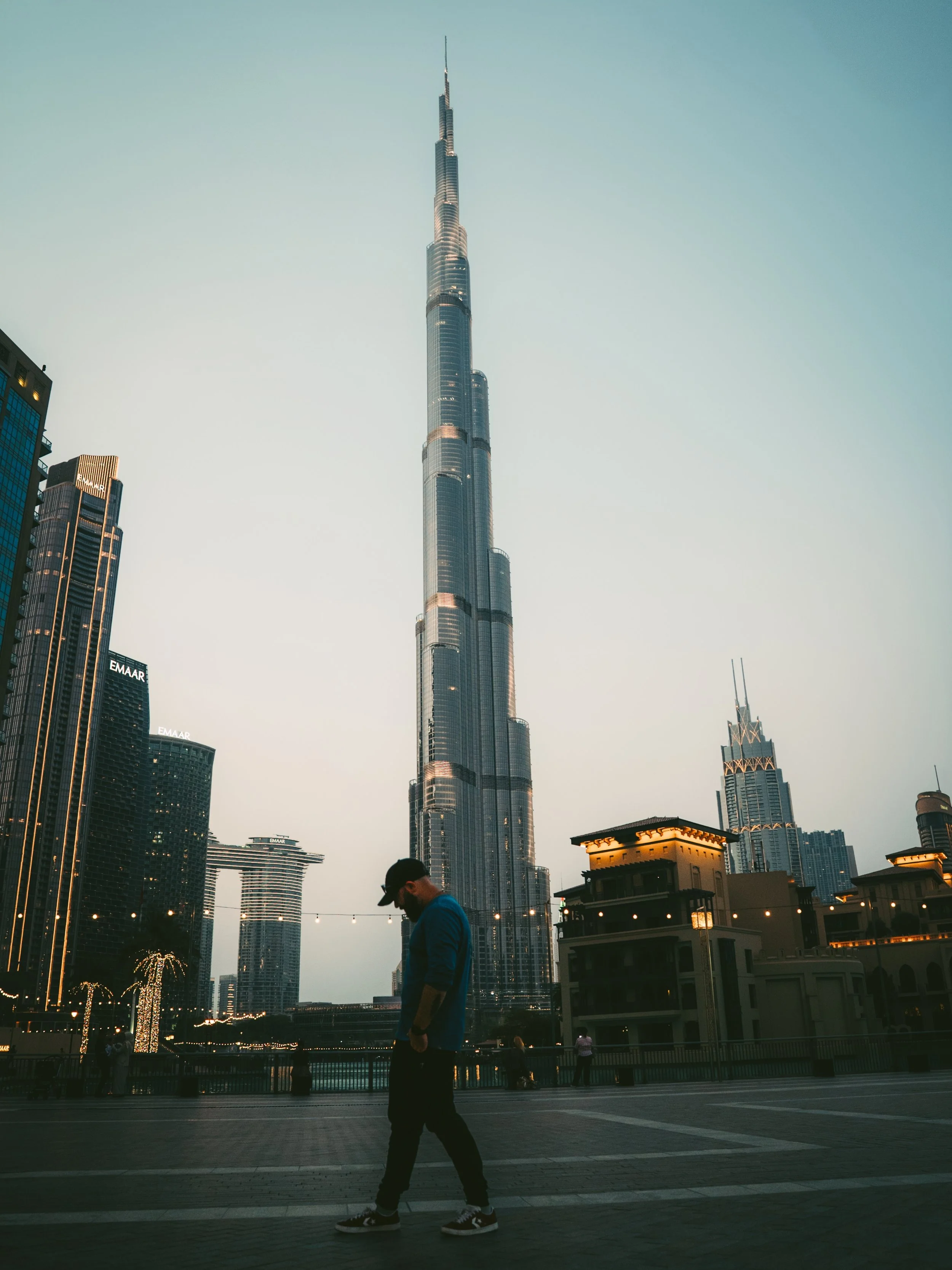 Dean Black walking beneath the Burj Khalifa in Dubai