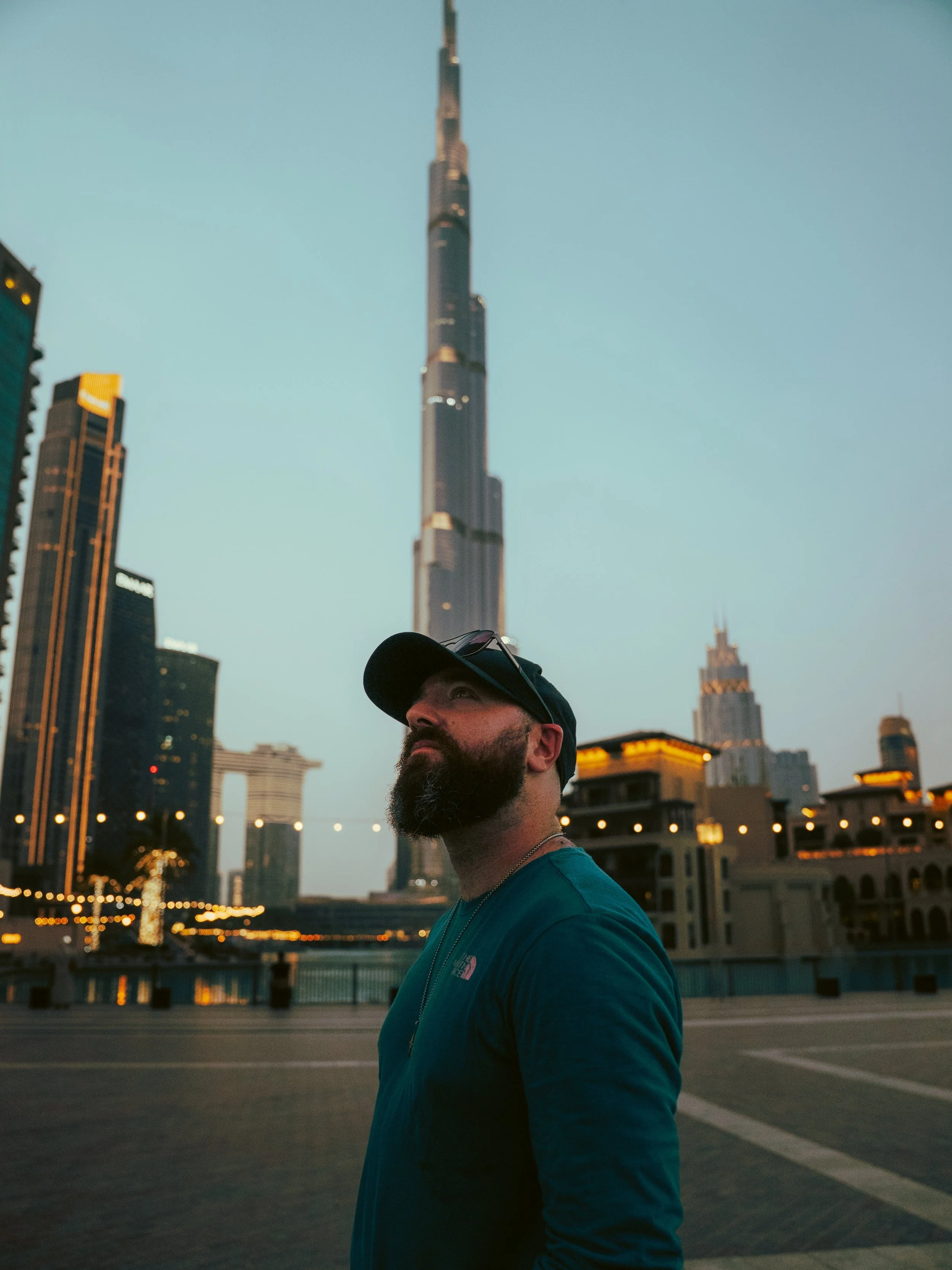 Dean Black in Dubai beneath the Burj Khalifa