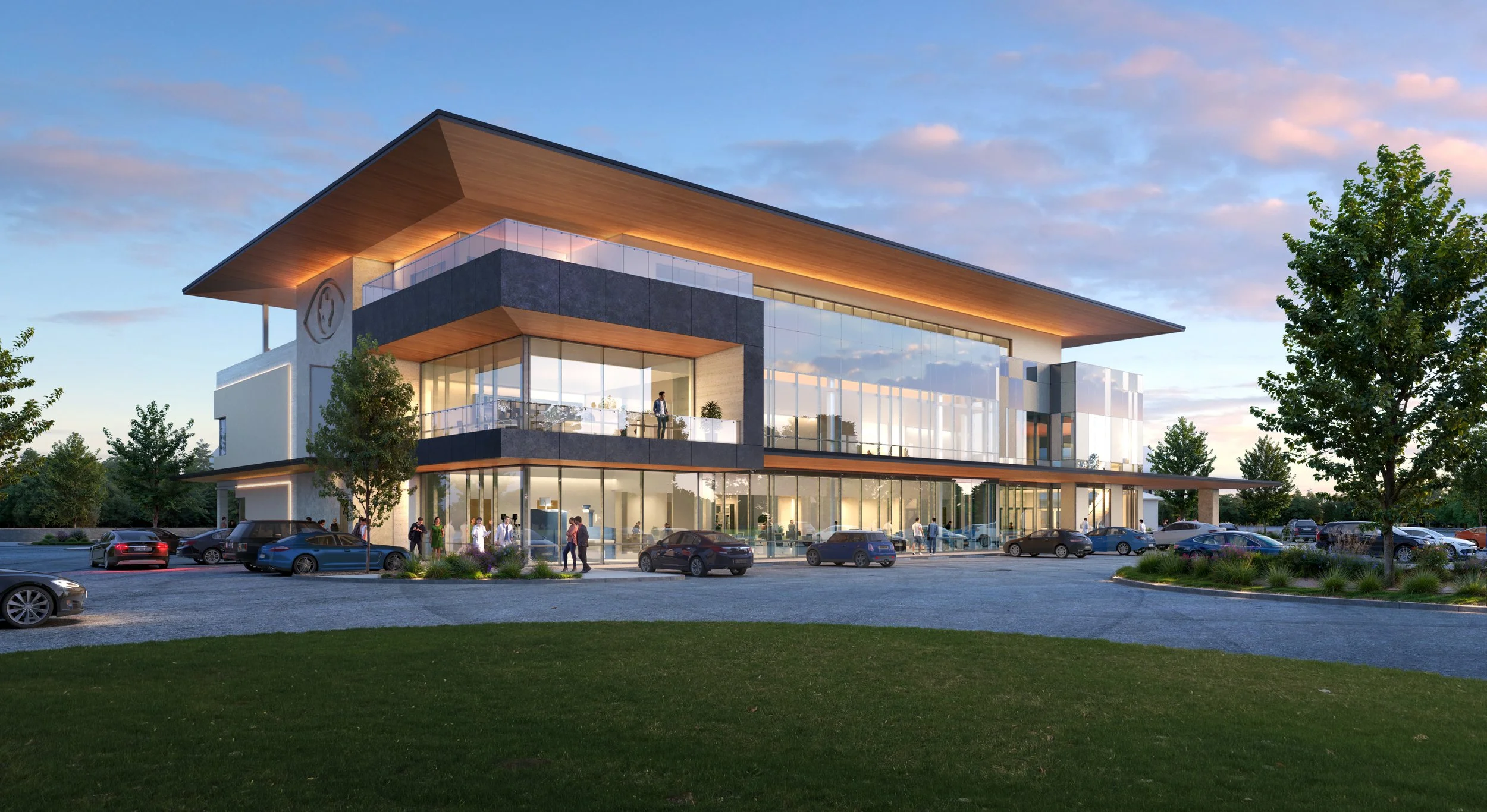 Architectural rendering of Texas Eye and Laser Center in Southlake, Texas, showing a modern three-story ophthalmology facility with expansive glass, a dramatic roof overhang, and parking at the front.