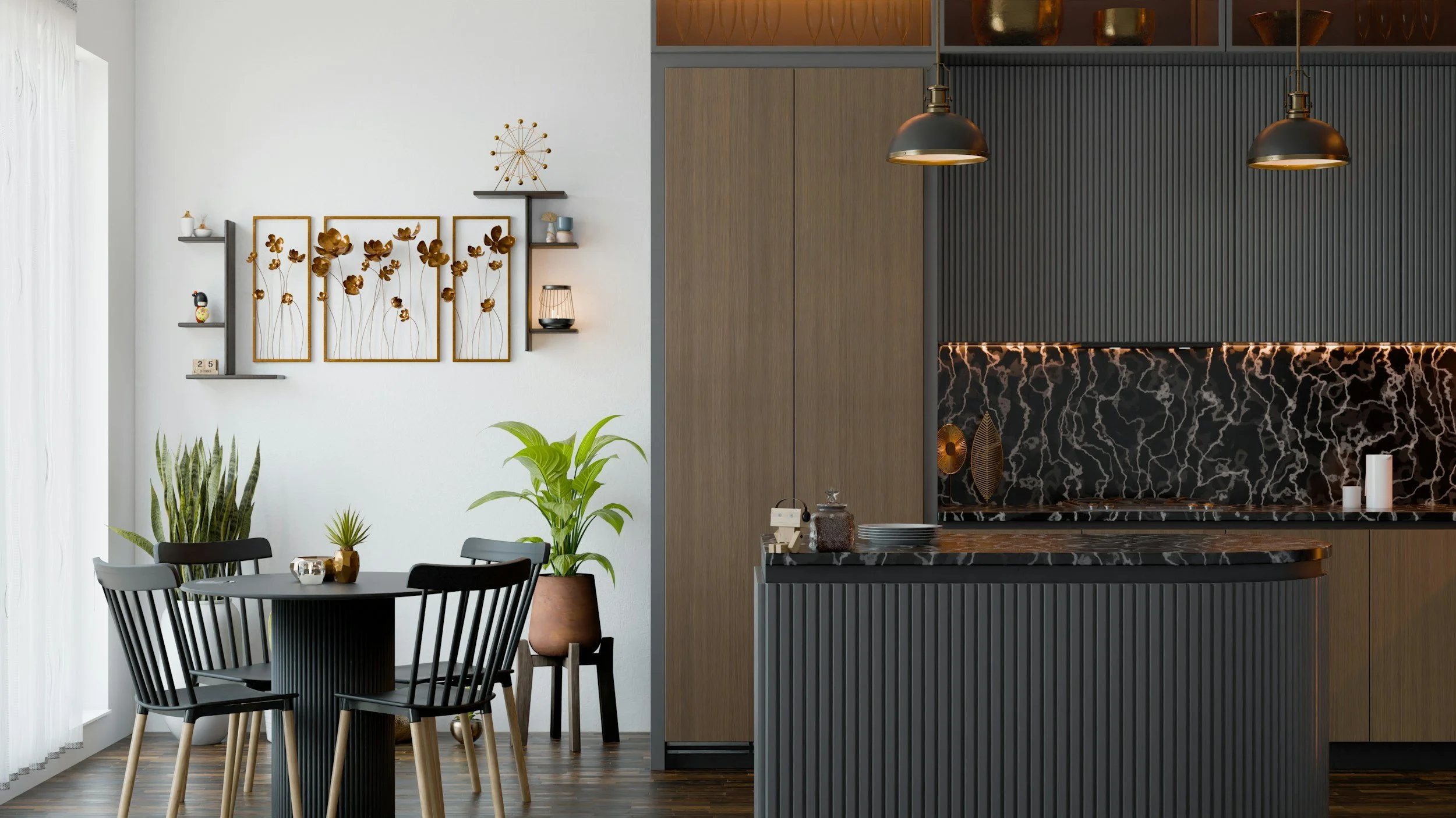 Modern dining area with black chairs around a round black table, decorative plants, and wall art with gold accents. Kitchen with black marble backsplash, wooden cabinets, and industrial pendant lights.
