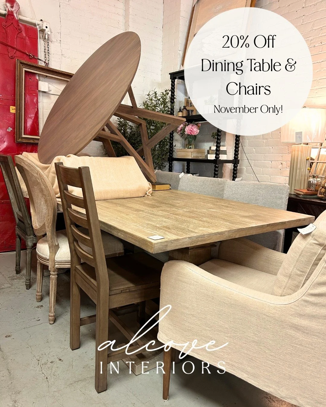 November Only! 
20% OFF dining tables &amp; chairs. Limited floor stock&mdash;when it&rsquo;s gone, it&rsquo;s gone. Come see us Thursday 12&ndash;6pm 🤎