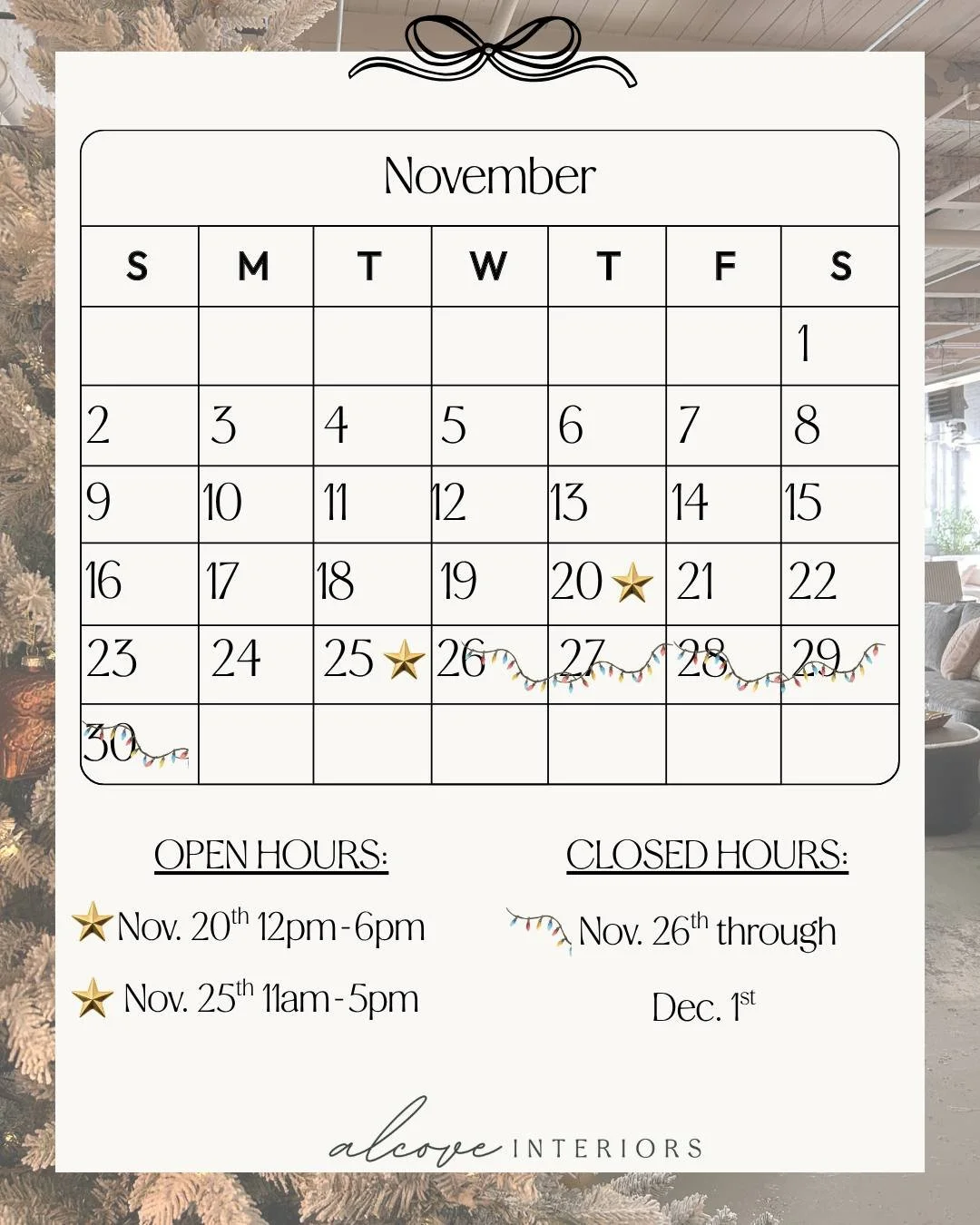 Holiday Hours 🎄
As the season of celebration approaches, we will be adjusting our hours to allow our team time to celebrate and spend the holidays with family and loved ones.

We appreciate your continued support and wish you a warm, joyful holiday 