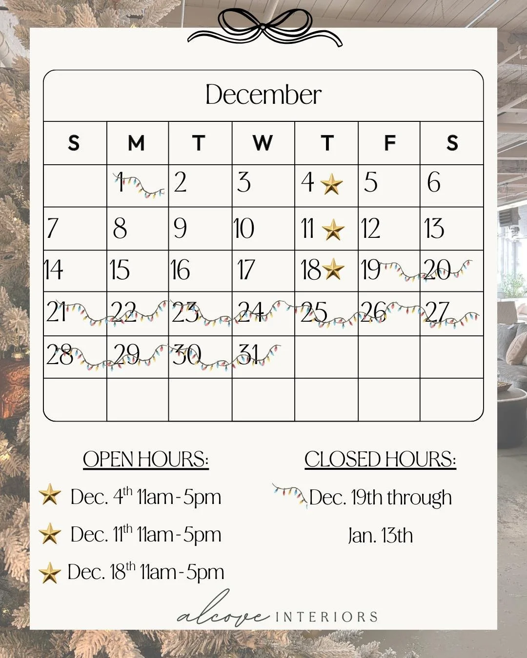 Our Holiday Calendar is here, our open hours will be winter hours 11am-5pm. We hope to see you before the holidays. 

Reminder we have available appointment times on Tuesdays and Wednesdays from 10am-4pm. Our appointment link is on our website.