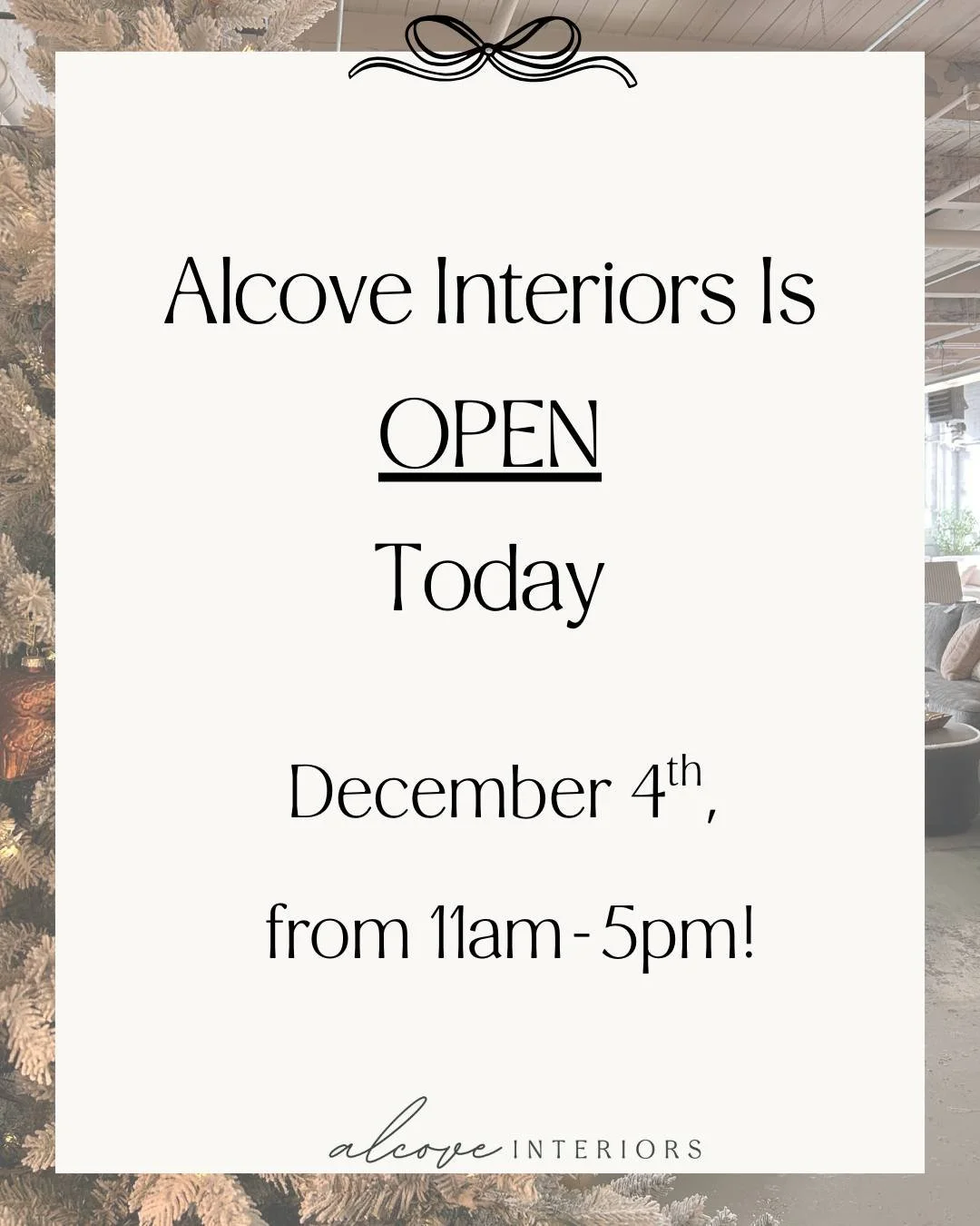 ✨ We&rsquo;re open at Alcove Interiors! ✨
Come explore our curated holiday finds &mdash; from cozy
textures to festive d&eacute;cor, perfect for this season of
gathering and celebration. Stop by and get inspired to
refresh your home for the holidays!