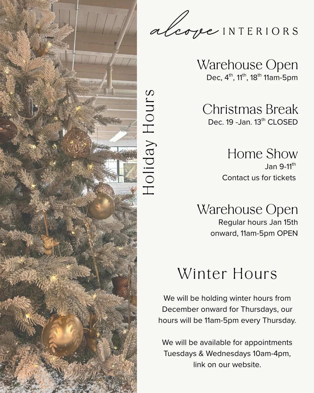 Winter Hours - 
Appointments for shopping are available, you can schedule an appointment on Tuesdays or Wednesdays between 10am through 4pm, the link is on our website!