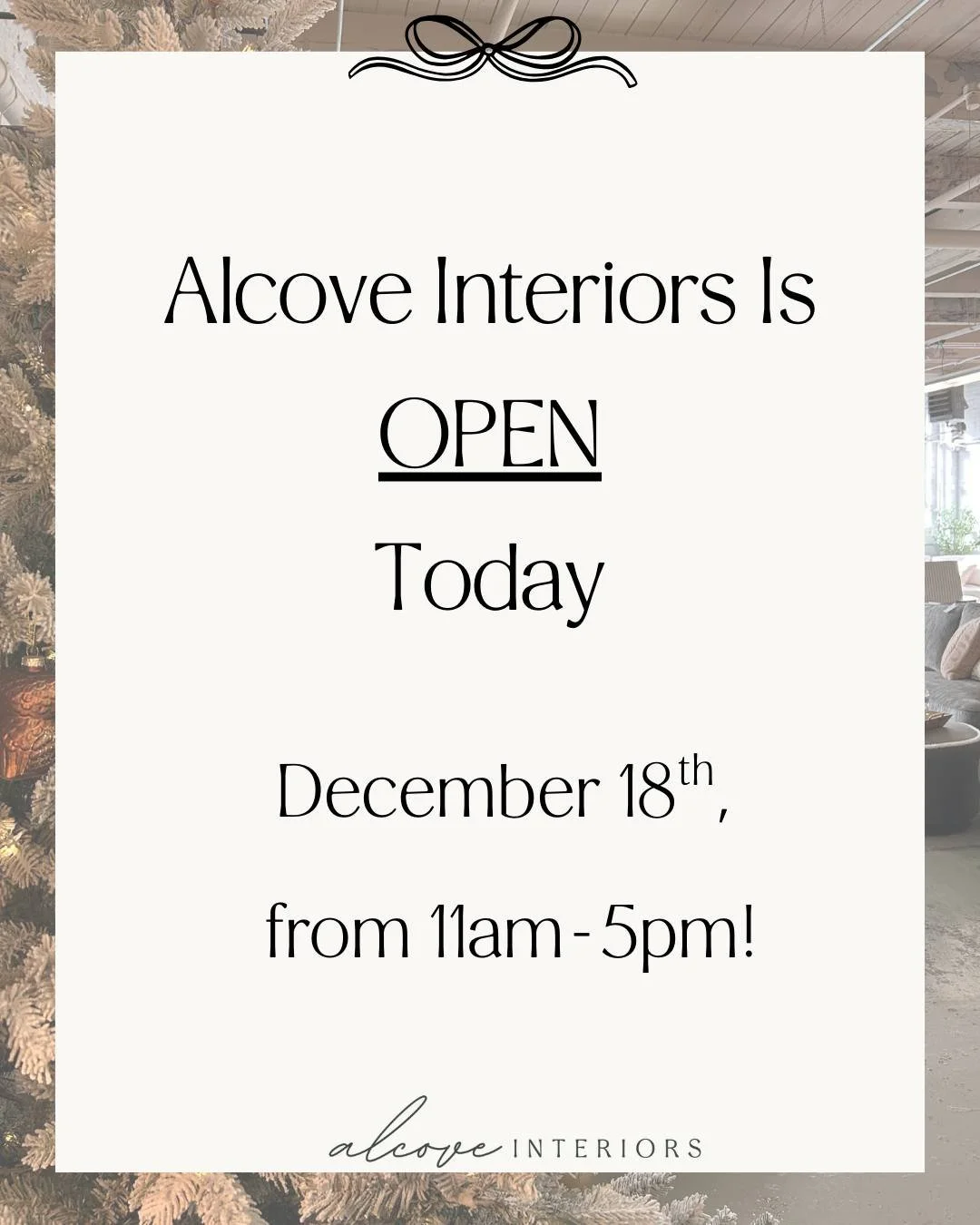 ✨ We&rsquo;re open at Alcove Interiors! ✨
Come explore our curated holiday finds &mdash; from cozy
textures to festive d&eacute;cor, perfect for this season of
gathering and celebration. Stop by and get inspired to
refresh your home for the holidays!