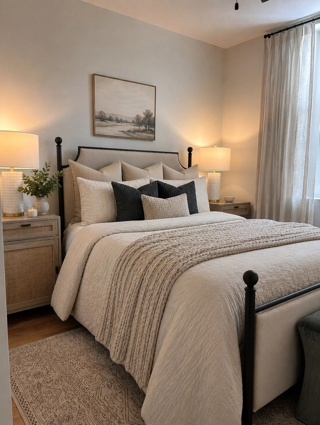 Warmth meets intentional &mdash; and that's exactly what makes this bedroom work.

Soft neutrals, layered textures, and a layout designed around how you actually unwind. Nothing overdone, nothing thrown together &mdash; just the kind of thoughtful de