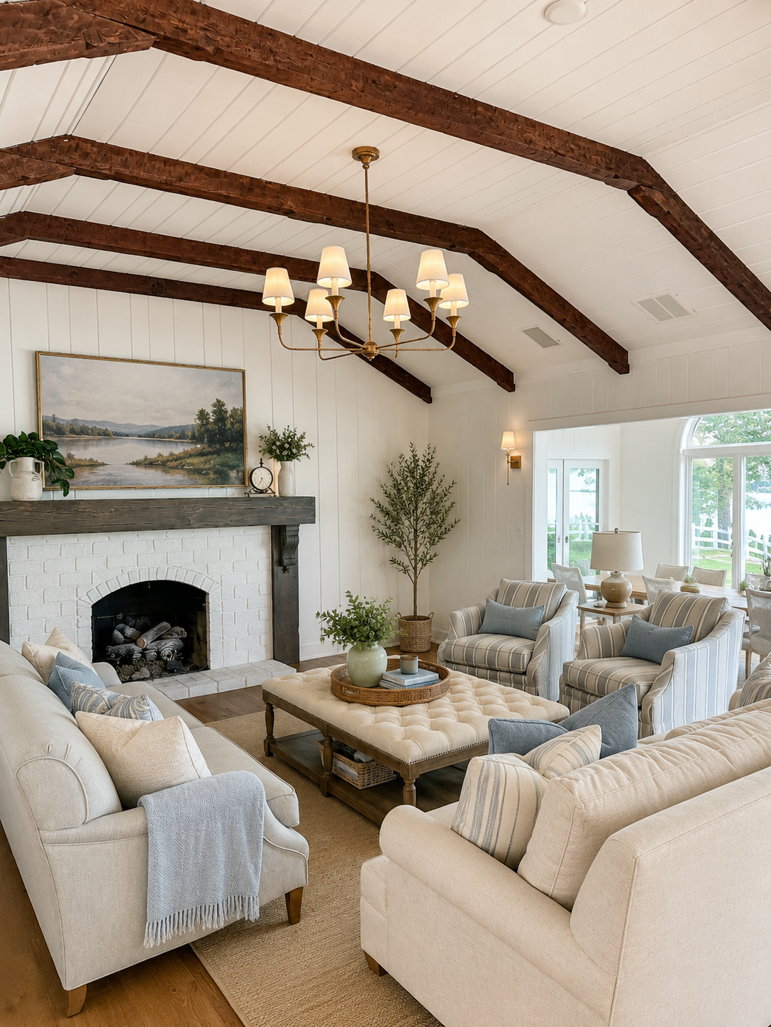 Bright living room with white sofas, striped armchairs, a tufted ottoman, potted plants, a white fireplace with a dark mantel, a painting above the fireplace, a chandelier, and large windows with a view of a backyard.
