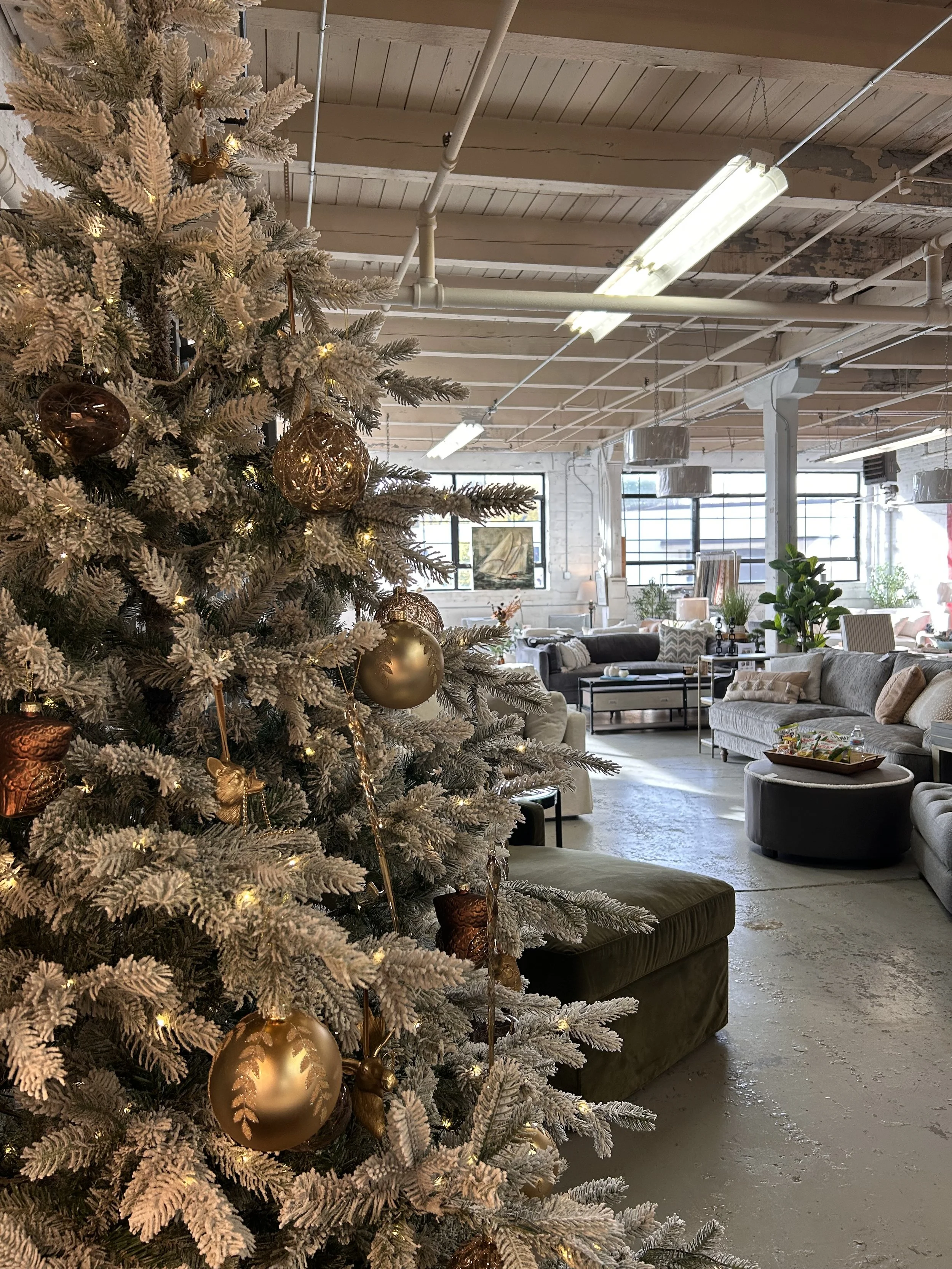 Our 3,000 square foot warehouse of designer furniture is decorated for the holiday season!