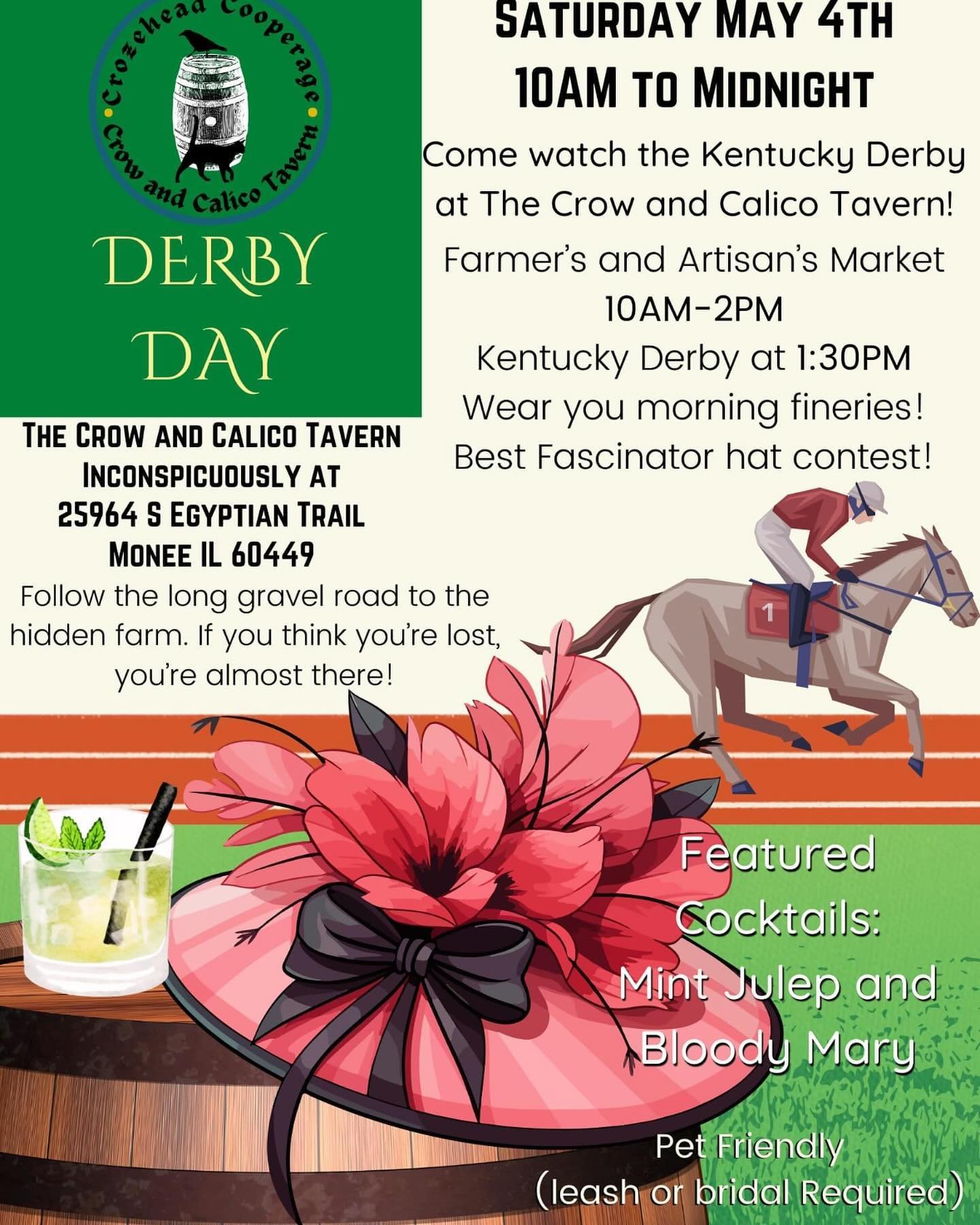 Catch us at the derby today! Or at least at the market/derby watch party 10am-2pm #farmersmarket #derbyday #sunshinefreshair #crowandcalicotavern #moneeIL eggs are available at the ranch for self serve
