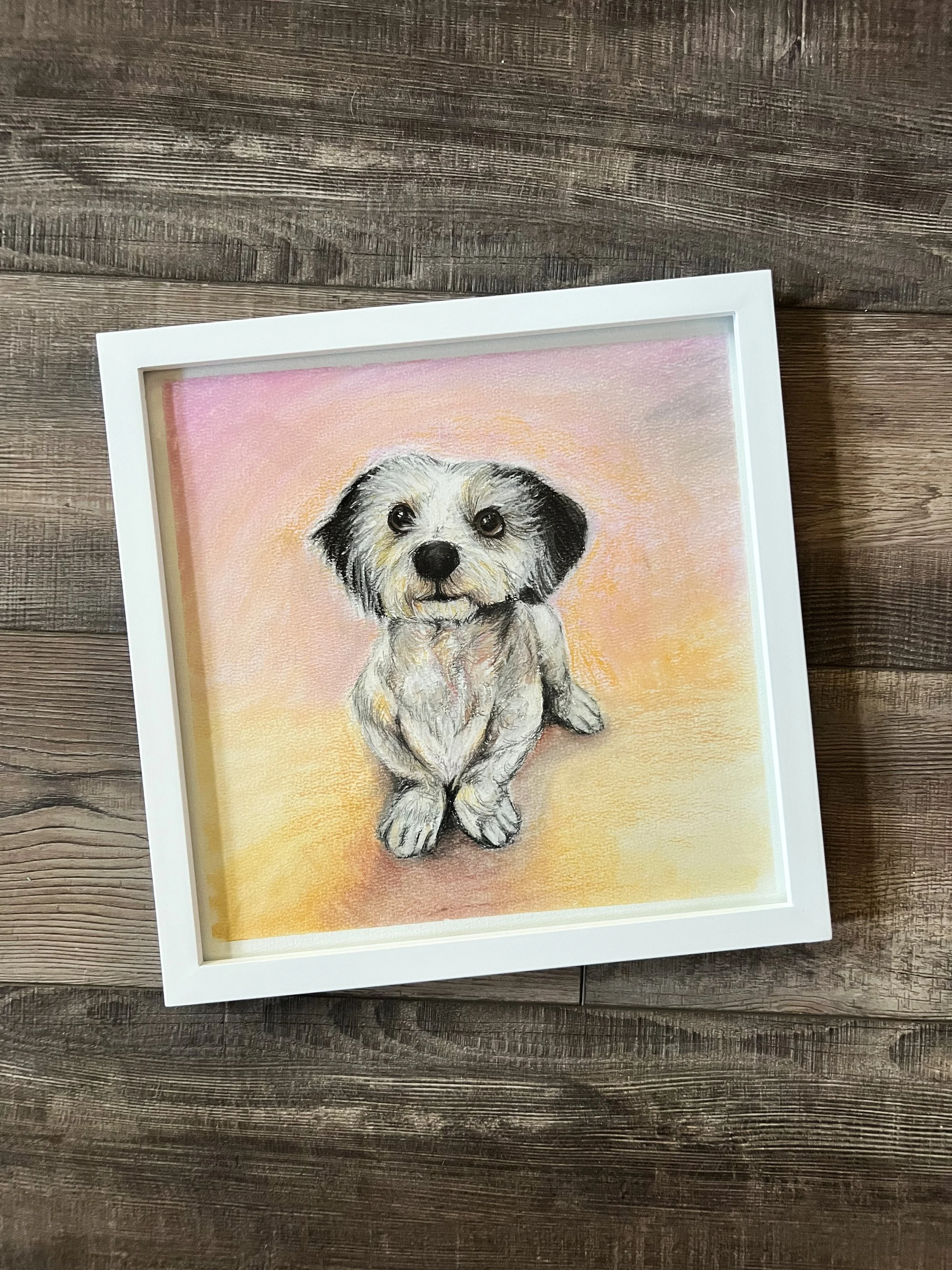 A framed watercolor painting of a cute, fluffy dog with black and white fur, sitting on a colorful background of pink, purple, orange, and yellow hues.