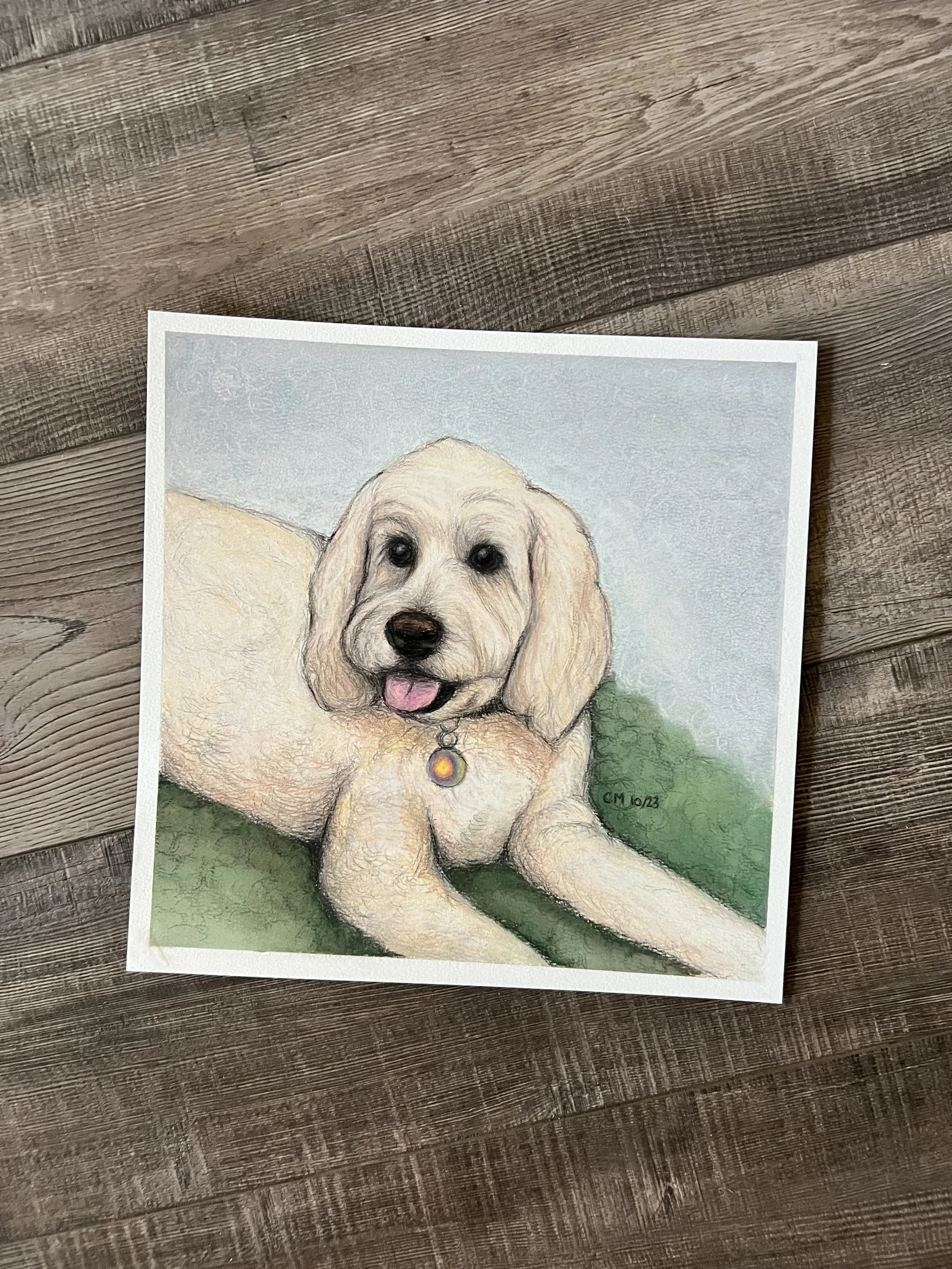 A dog with a light-colored coat lying on grass, wearing a collar with a tag, depicted in a realistic painting style.