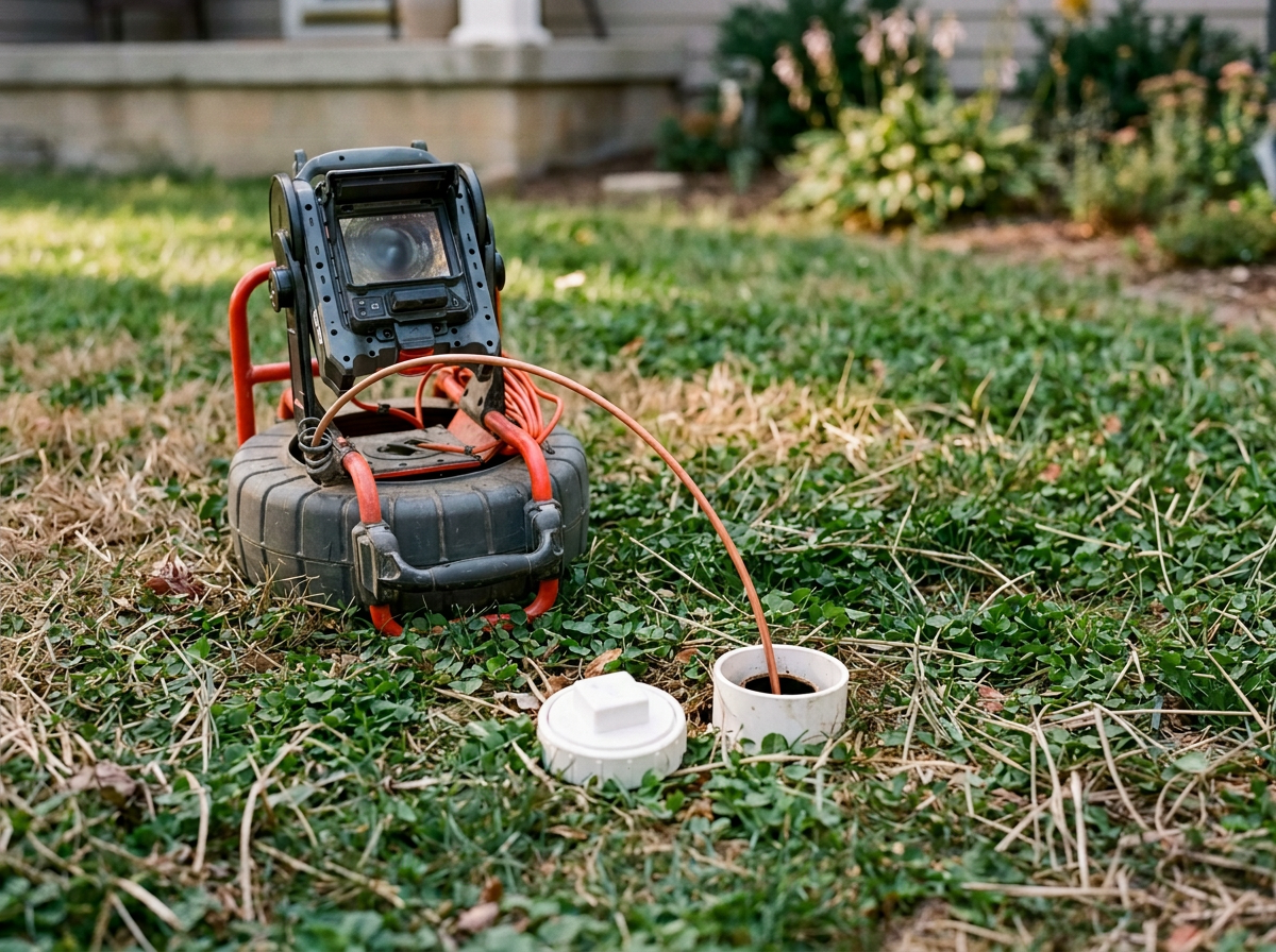 Image of sewer camera equipment with sewer camera line inserted into a residential sewer cleanout access port.