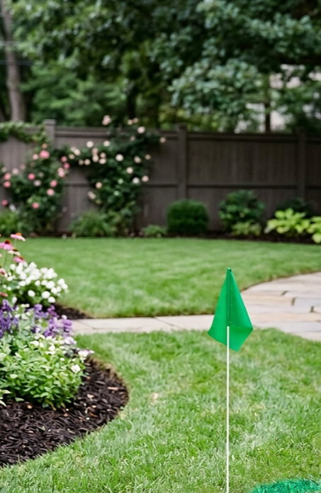 A green utility flag and green spray paint line marking the location of the sewer line above ground in a well-manicured Denver yard.