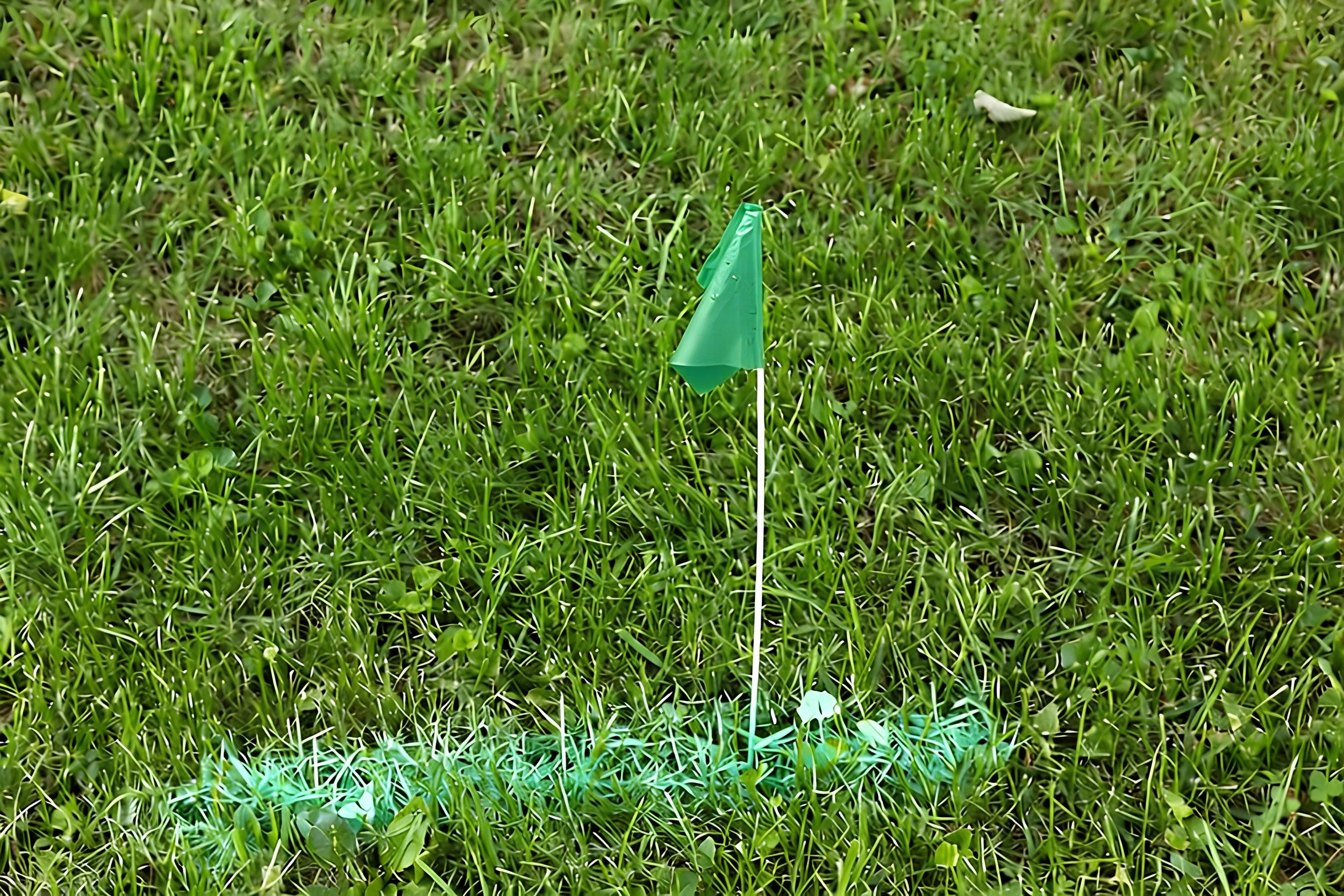 Image of a sewer line located and marked with green spray paint and a green utility flag in a grass lawn.