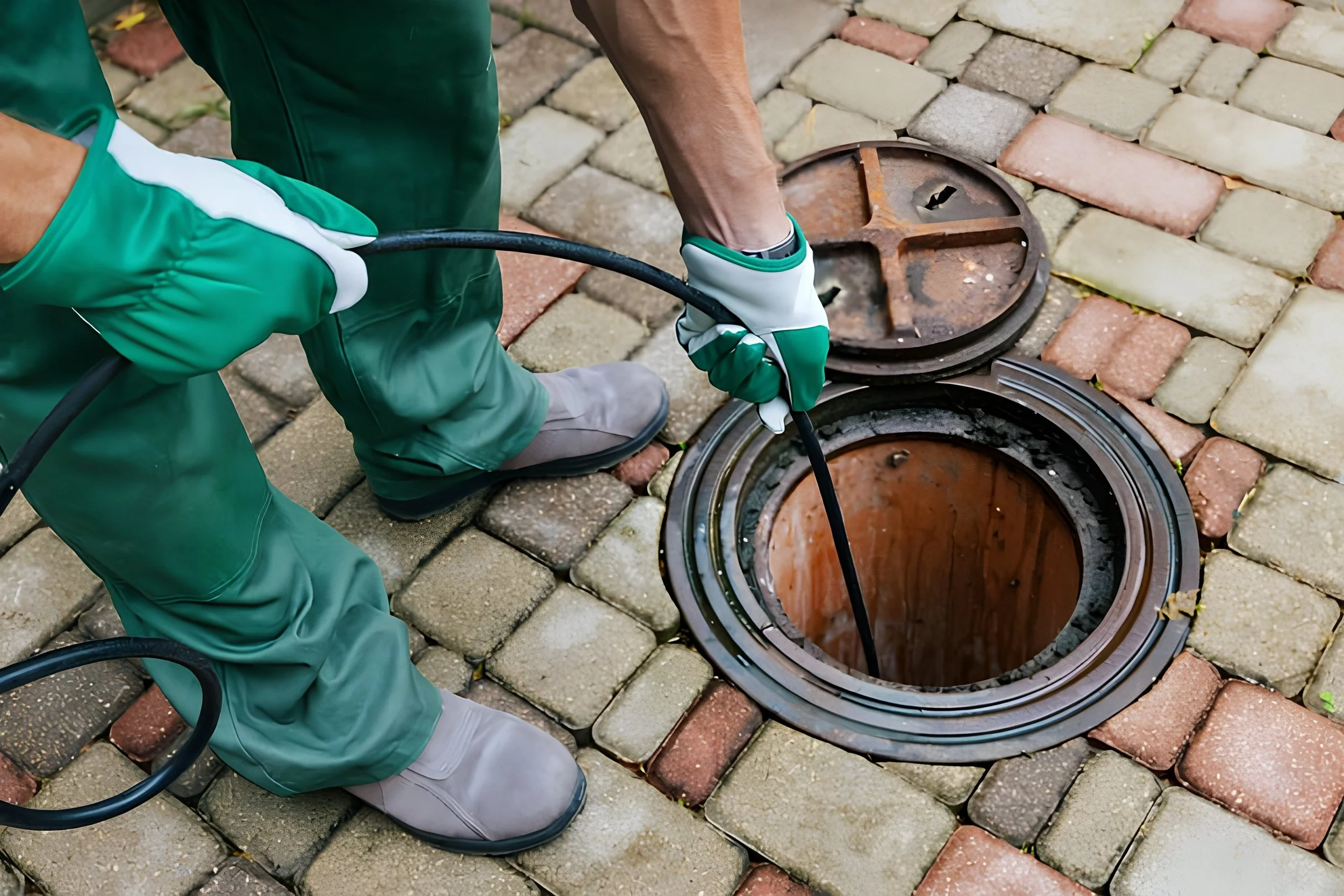 Image of a Denver drain cleaning specialist inserting professional drain cleaning equipment into a sewer access port for a sewer mainline in Denver.