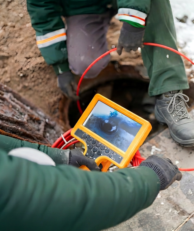Image of two sewer and drain cleaning specialists inserting the a sewer scope camera into a property's main line. One of the men is holding the sewer camera monitor with the pipe interior visible on the screen.