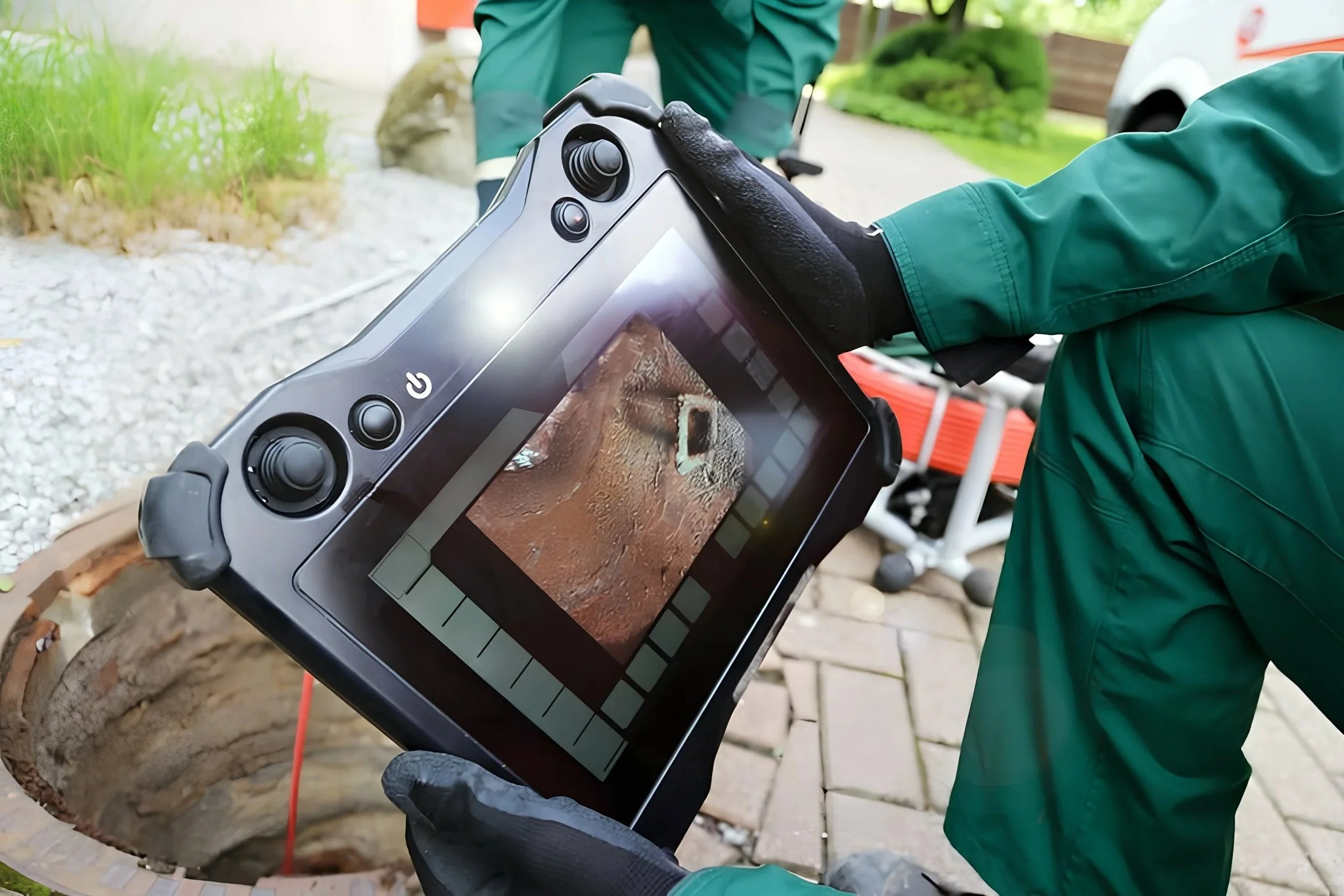 Image of a sewer and drain cleaning specialist performing a sewer scope camera inspection in Littleton, CO.