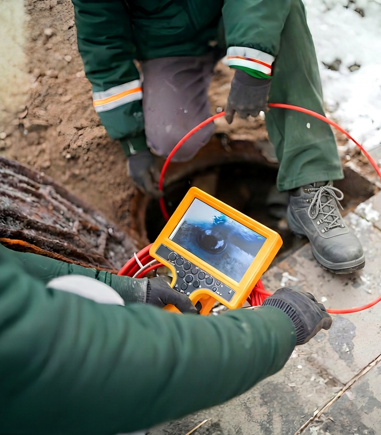 Two sewer and drain technicians perform a sewer scope inspection. One of the men holds the monitor, and the screen displays the camera's view of the inside of the pipe.