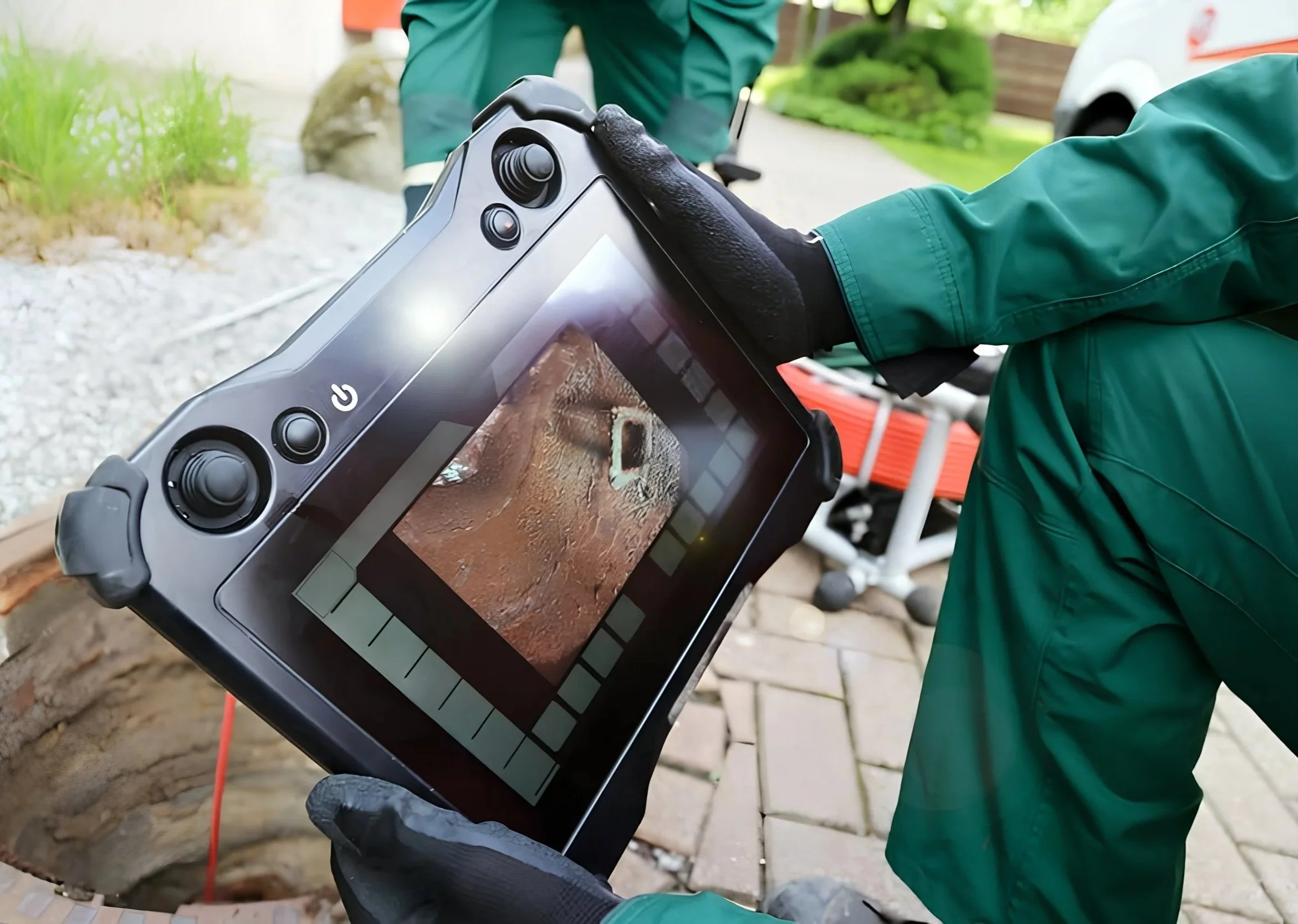 A drain cleaning expert holding the monitor for a sewer camera performing an inspection of a main residential sewer line.