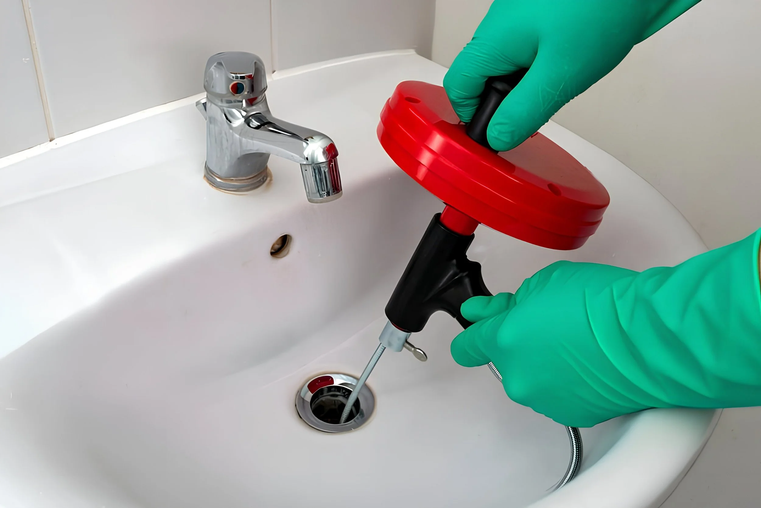 Image of a Denver drain cleaning specialist using a roto-rooter to snake a drain and clear out a clogged line.