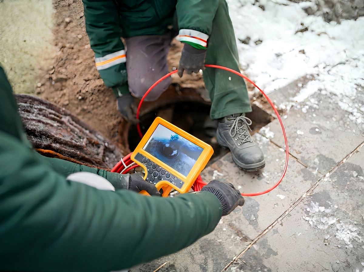 Sewer and drain specialist performing a camera inspection and drain clean with the inside of a sewer pipe on the monitor screen.