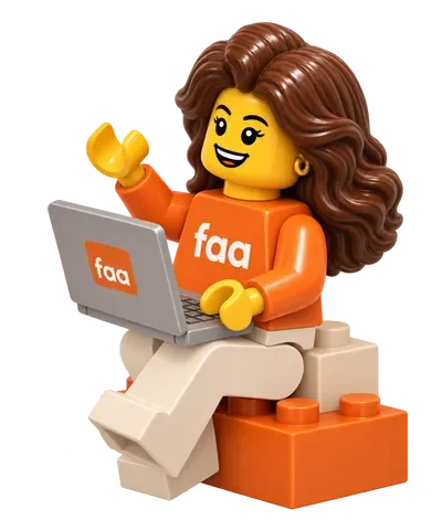Illustrated LEGO-style figure representing Flavia, founder of faa Language Coaching.