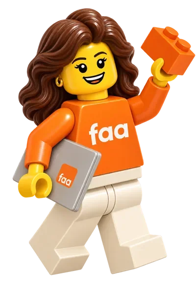 Illustrated LEGO-style figure holding a building brick, symbolising the first step in the language coaching journey.