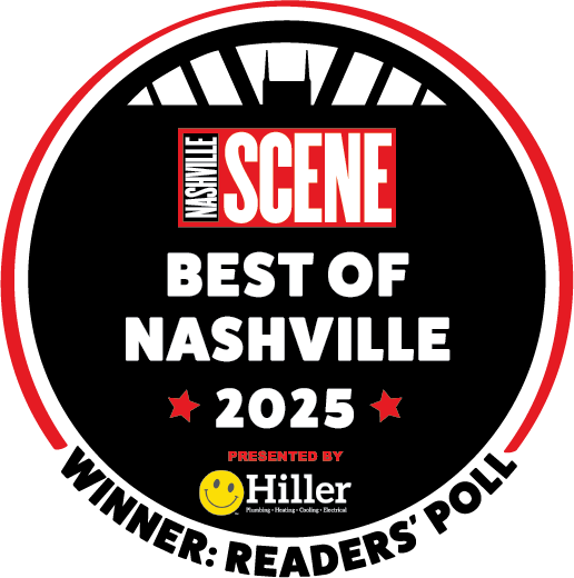 Logo for Nashville Scene Best of Nashville 2025, presented by Hiller, featuring a red semi-circular border and text in white, red, and yellow, with a smiley face icon.