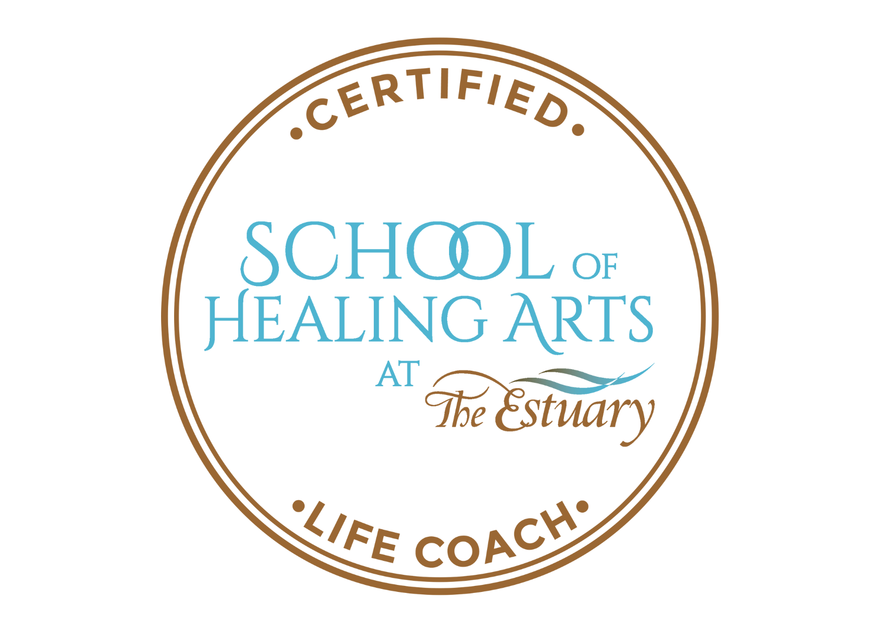 Seal with the text 'Certified School of Healing Arts at The Estuary Life Coach' in a circular design, brown and blue colors.