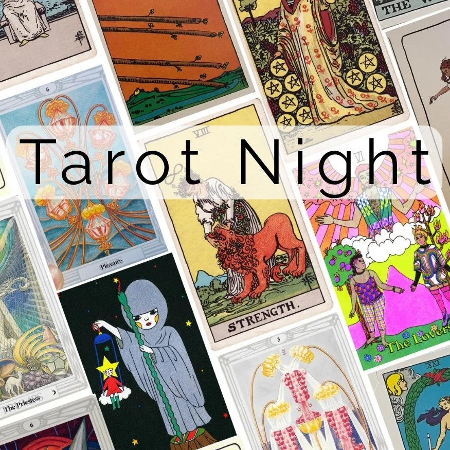 A collection of tarot cards spread out, featuring various colorful and symbolic illustrations, with the words "Tarot Night" overlayed.