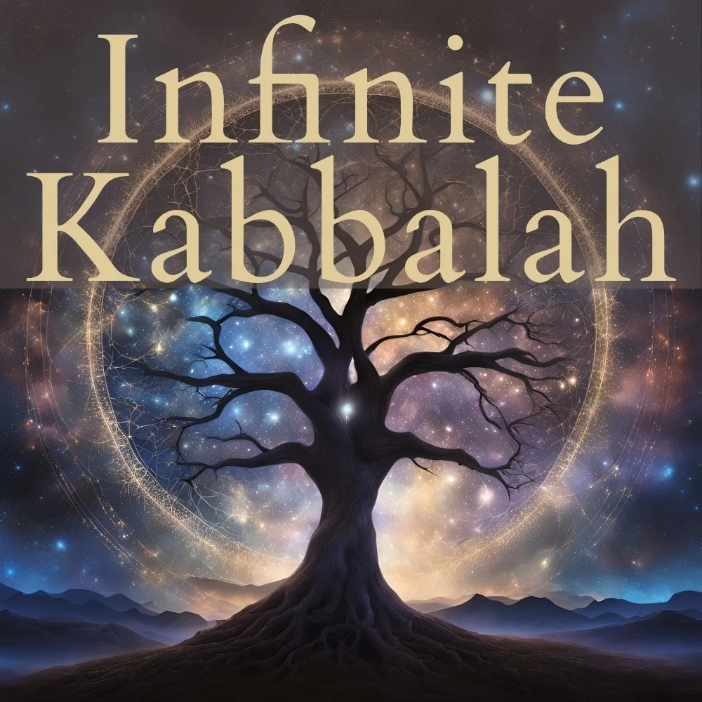 A mystical tree with swirling galaxy and stars in the background, overlaid with the text 'Infinite Kabbalah'.