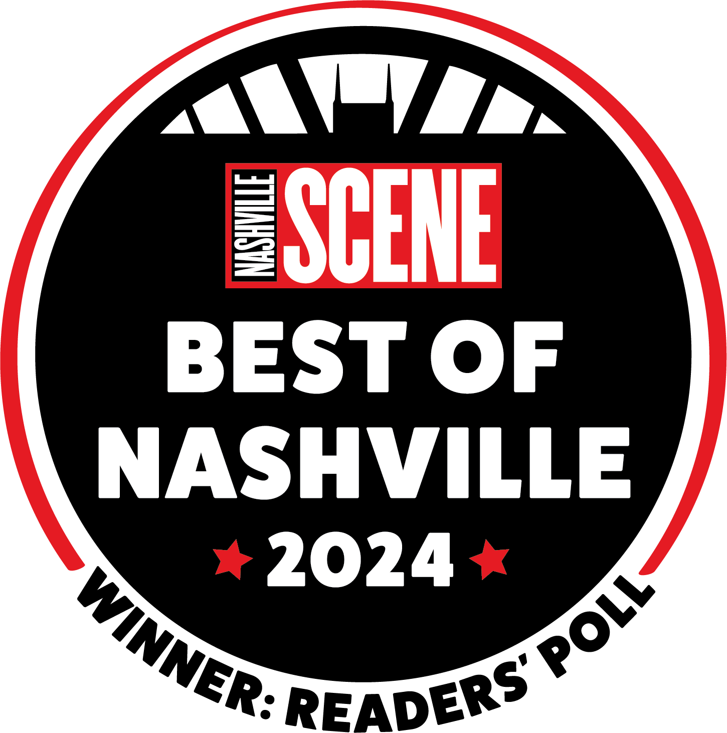 Award badge for Nashville Scene's Best Of Nashville 2024, with black background, red and white text, and red stars.