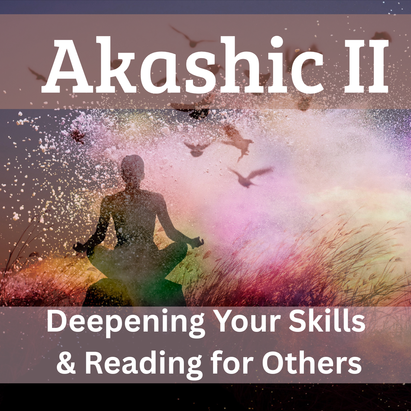 A person meditating in a lotus position with a colorful abstract background featuring birds and splashes of color, overlaid with the text 'Akashic II: Deepening Your Skills & Reading for Others'.
