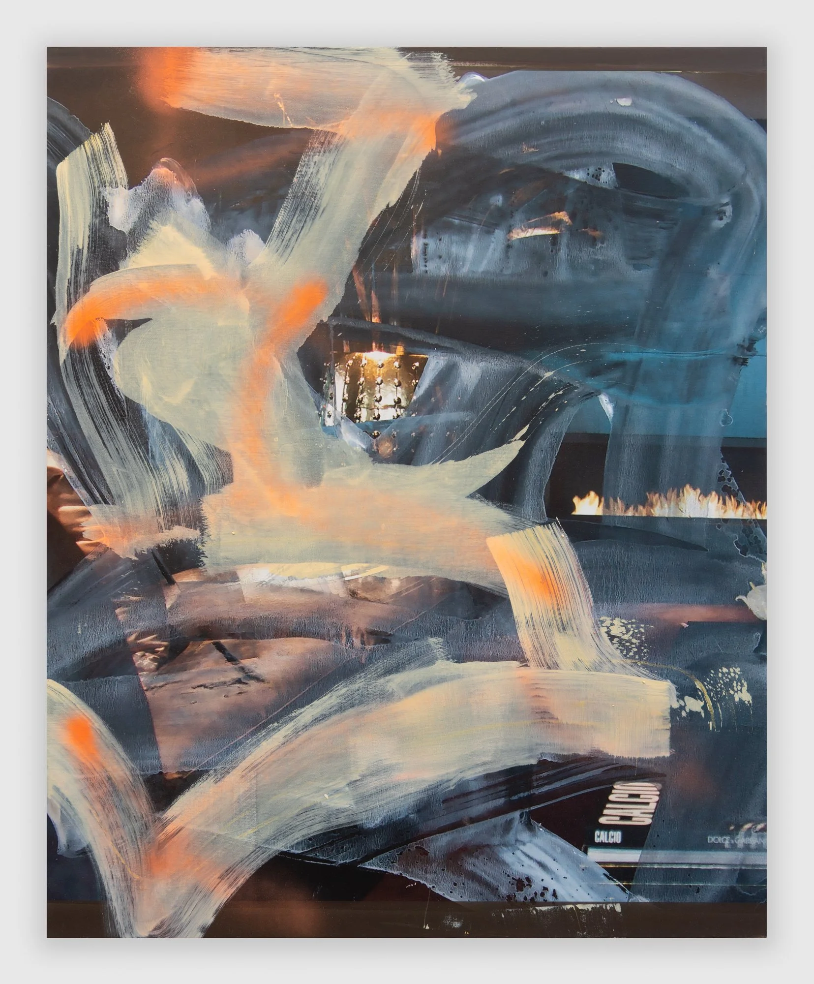 "Calcio," 2025. Oil and spray paint on digitally printed canvas, 42" x 34."