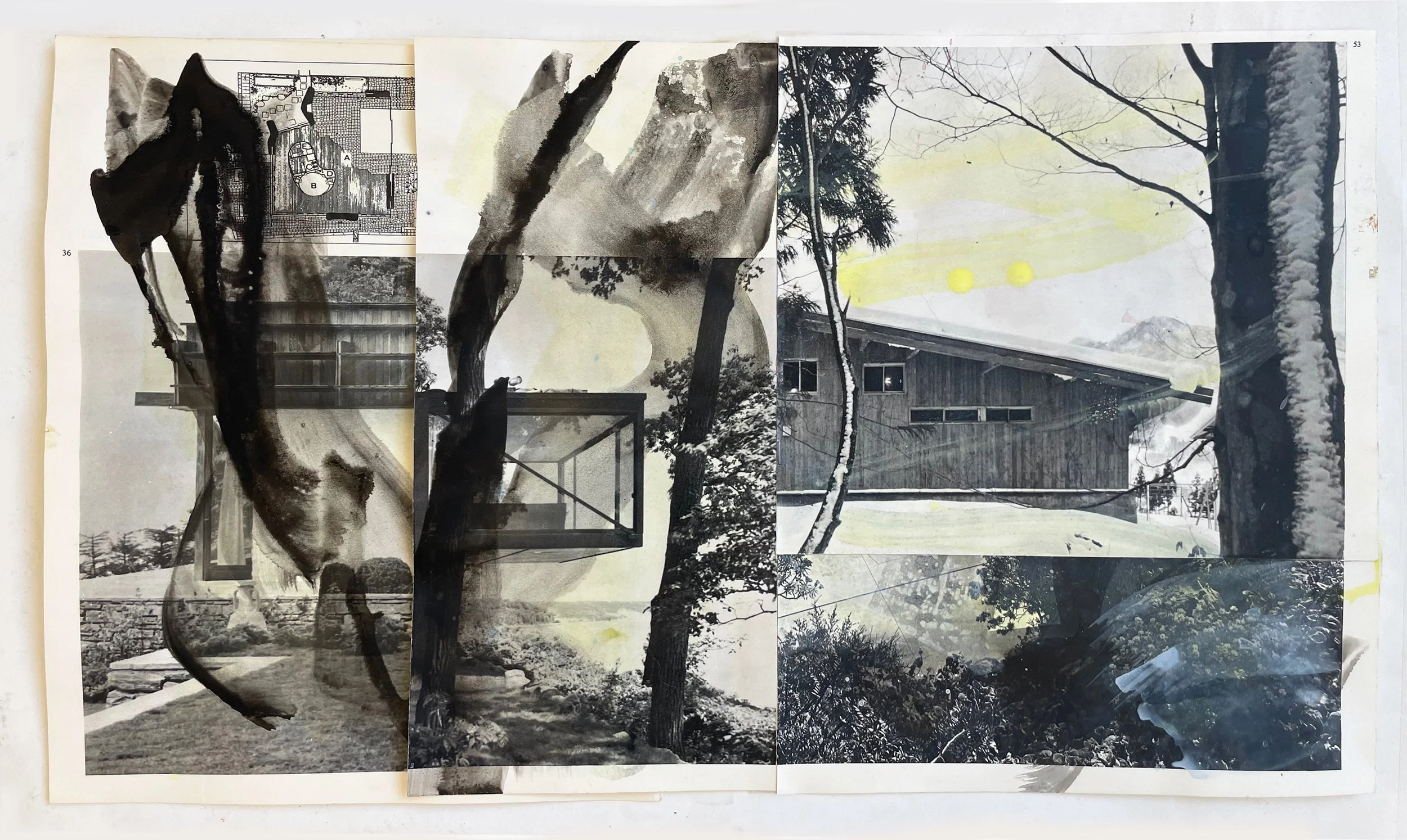 "Chalet." 2024. Ink on collaged book pages. 12" x 18."