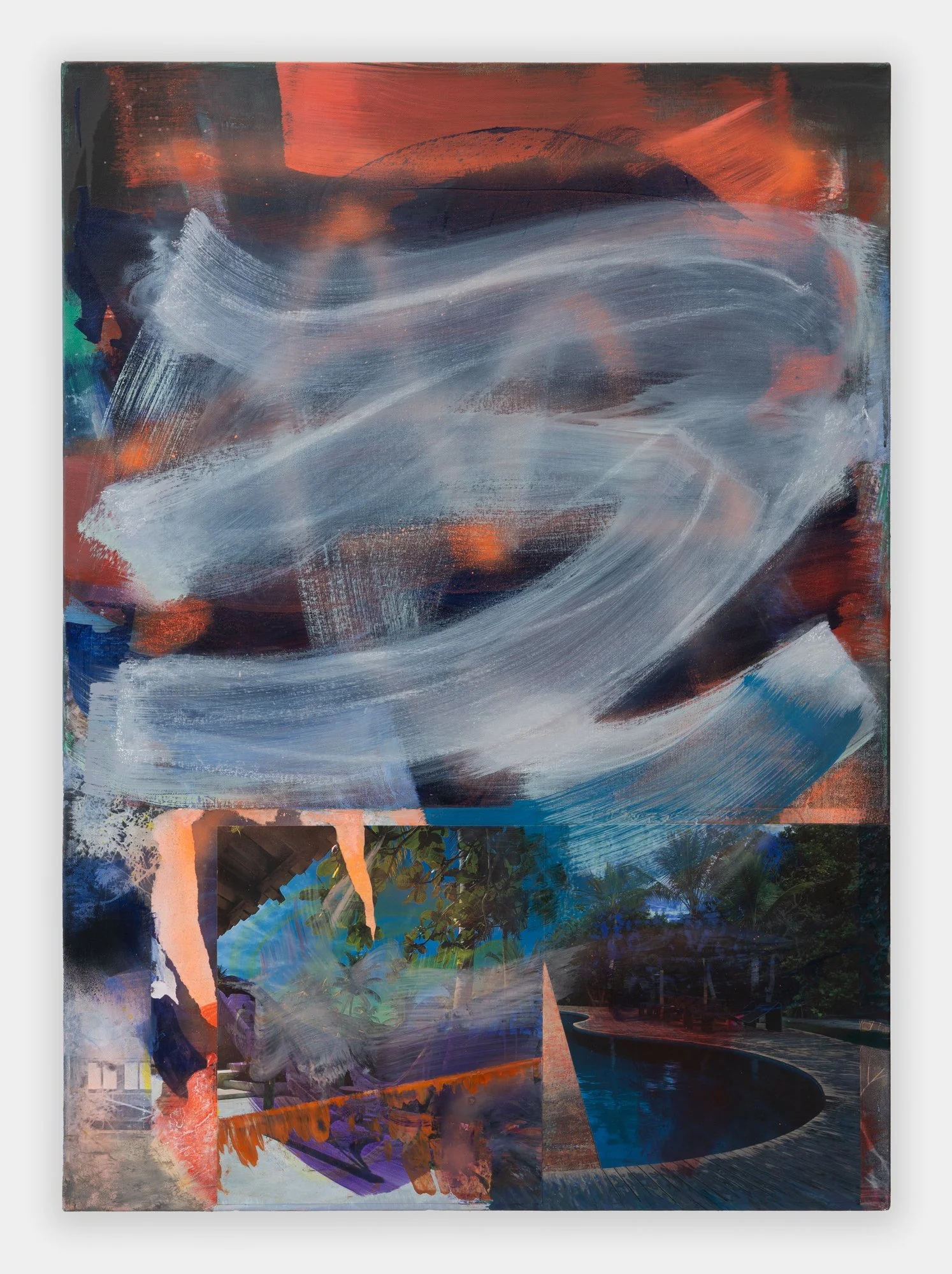 “Resort“ 2025, 36" x  26"  oil, collage, and spray paint on digitally printed canvas