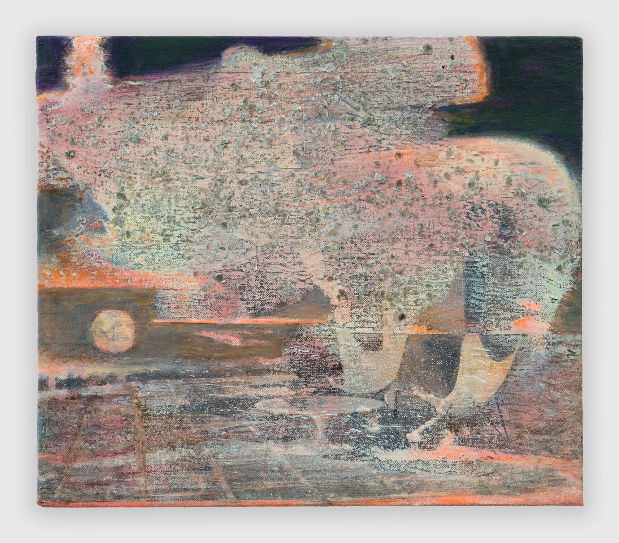 “Constellatio Novus“ 2026, 12" x  14,"  oil, collage, and mica on digitally printed canvas
