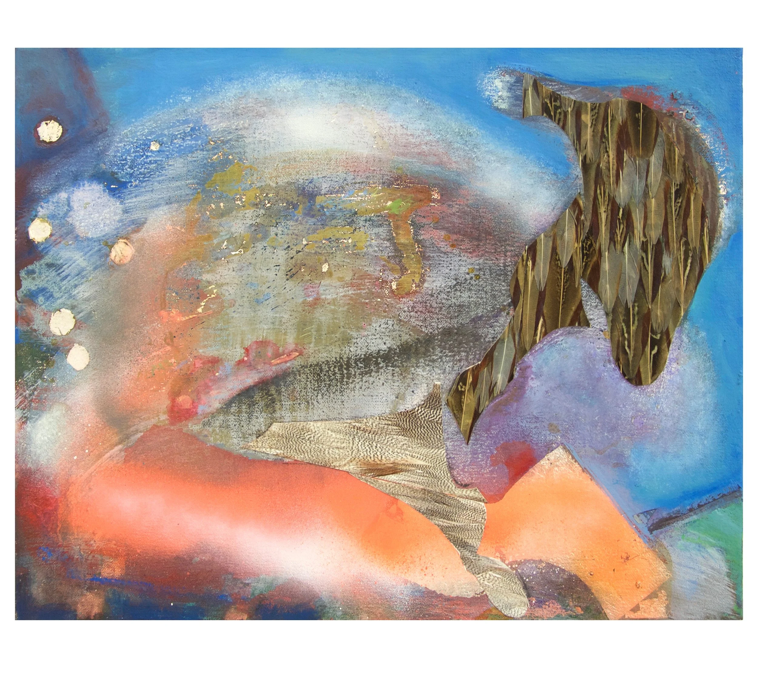 “Lamb,” 2020. Oil, silver leaf, spray paint, and feathered wallpaper on canvas – 11” x 14”
