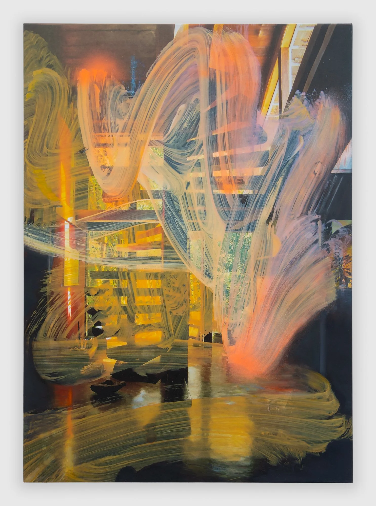 "Stairwell," 2025. Oil and spray paint on digitally printed canvas, 42" x 30"
