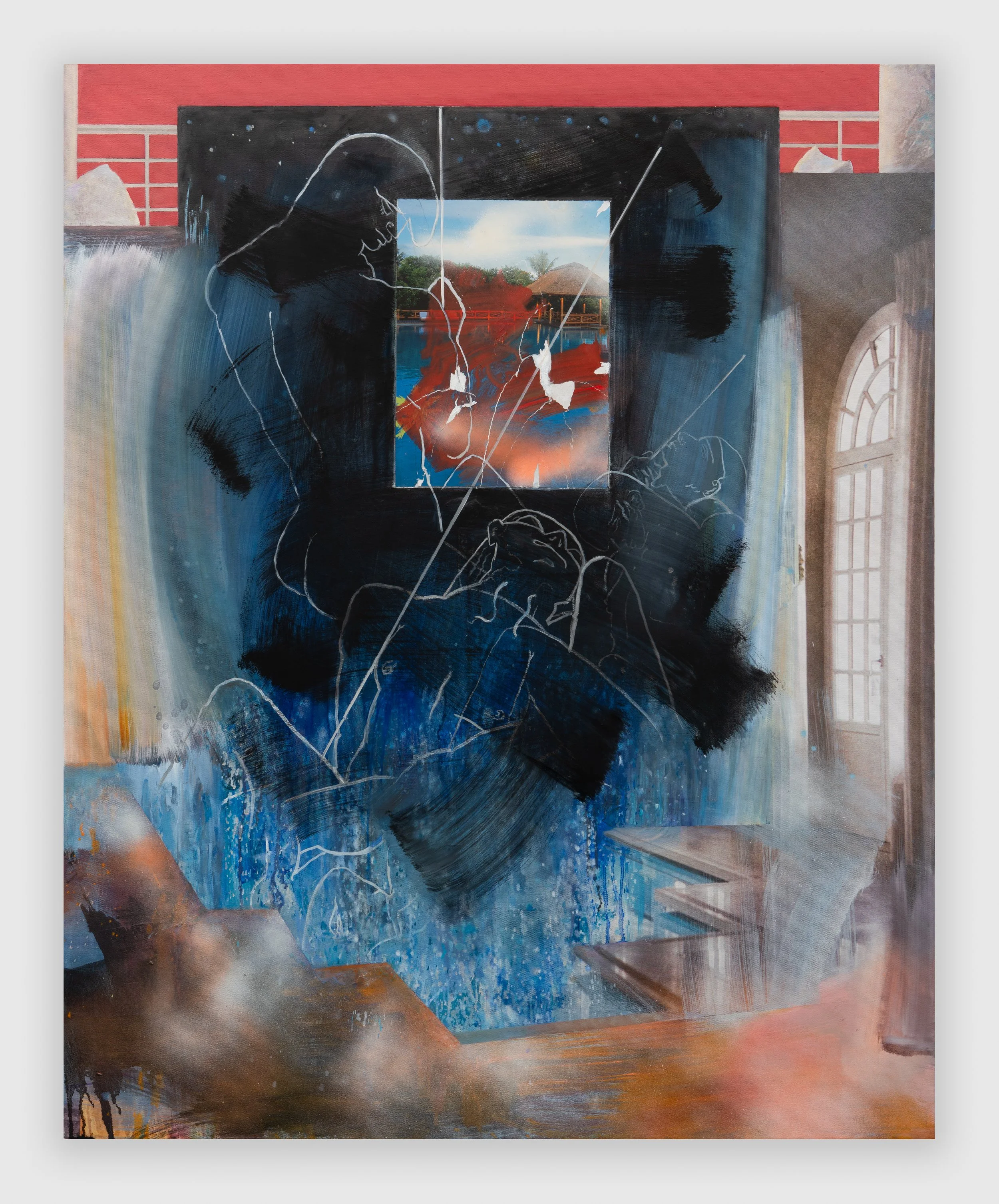 "The Red Yacht." 2024. Oil, spray paint, and collage on digitally printed canvas. 44" x 32"