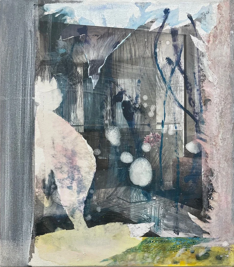 "The Foyer." 2025. Oil and collage on canvas. 20" x 16."