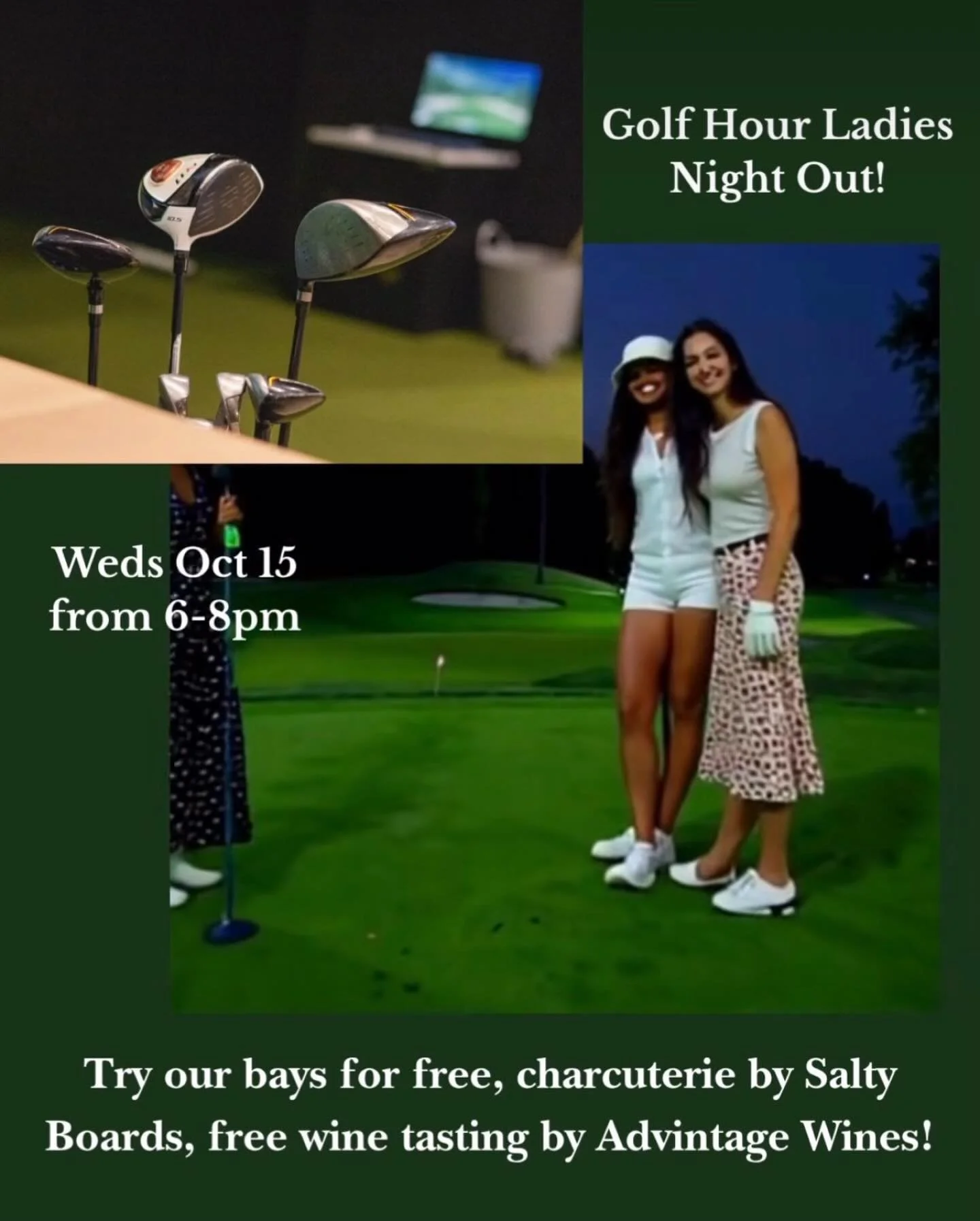 Ladies night event tomorrow @golfhour_hollyspringsnc!
.
.
Calling all ladies! Join us Weds 10/15 from 6-8 pm. Free bay simulators, free charcuterie by Salty Boards and free wine tasting by Advintage Distributors!
#oakviewcommons #oakviewcommonsnc #go